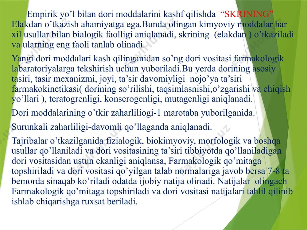 ri 2 xil usulda yuboriladi 1.enteral yo’l - dori moddalarini oshqozon-ichak yo’llari orqali yuboriladi. - til ostiga, og’iz orqali, 12 barmoq ichakka, to’g’ri ichakka 2.parentral yo’l - dori moddalarini oshqozon-ichakdan tashqari yo’l orqali yuborish usuli. -nafas orqali -teri ustiga, teri ostiga, mushaklar orasiga -shilliq qavatlarga, bo’shliqlarga -arteriya va venalarga -bo’g’imlarga, suyak orasiga -orqa miyya kanaliga, bo’shliqlarga, enteral usul enteral yuborish usuli- dori moddalari til ostiga 12 barmoqli ichak va to’g’ri ichakka yuboriladi. til ostiga yuborish sublingval usul deyiladi. bunda dori vositasiga oshqozon fermenti ta’siri sust bo’lganligi uchun dori moddalari deyarli parchalanmaydi,jigarda o’zgarishlar yuz bermaydi va dori umumiy ta’sir ko’rsatadi. (nitroglitserin, validol, farmadipin tomchi ). og’iz orqali yuborish- peroral yo’l. keng tarqalgan, qulay oson va yordamchi talab qilmaydigan usul. qabul qilinadigan dori vositasi qo’lansa hidli va shilliq qavatlarga salbiy ta’sir ko’rsatmaydigan bo’lishi lozim. qabul qilingan dori vositasi shilliq qavatlar orqali so’riladi. so’relish tezligi qabul qilingan dori turiga, shakliga, ovqatdan oldi yoki …