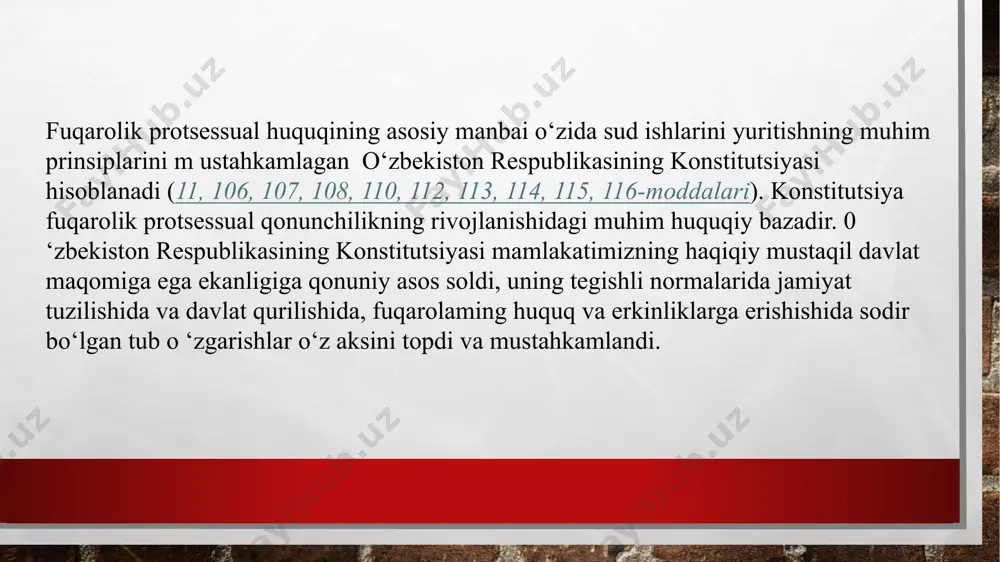 — da’vo talabini qo‘zg‘atish paytidan e'tiboran boshlanadi. buzilgan yoki nizolashilayotgan fuqarolik huquqini himoya qilish to‘g‘risidagi talab sifatida ko'riladigan da’vo — sudda ish ko'rishning predmeti bo‘lib, da'voning dalillar asosida isbotlanishiga qarab sud tomonidan qanoatlantiriladi yoki rad qilinadi. da’vo tartibida ko‘riladigan ishlar o‘zining quyidagi xususiyatlari bilan boshqa turdagi fuqarolik ishlarini yuritishdan farqlanadi: • mazkur toifadagi ishlarda da'vogar va javobgar hamda ayrim hollarda uchinchi shaxslar ham ishtirok etadi; • taraflar fuqarolik ishini o ‘zaro kelishuv bitimi tuzish orqali tugatishga erishishlari mumkin bo‘ladi; • fuqarolik protsessining muhim institutlari: da’vodan voz kechish, da'voni tan olish, da'voni ta'm inlash, qarshi da’vo qo‘zg‘atish kabilar aynan mazkur sud ishlarini yuritish jarayonida qo‘llaniladi; • da'vo tartibida ko‘riladigan ishlar bo‘yicha sirtdan hal qiluv qarori chiqarish mumkin va h.k. organlar va mansabdor shaxslaming xatti-harakatlari (qarorlari) ustidan berilgan shikoyat va arizalar boyicha ish yuritish. davlat organlari va boshqa organlar, shuningdek, mansabdor shaxslaming xatti-harakatlari (qarorlari) ustidan berilgan shikoyat va arizalar bo'yicha ish yuritish …