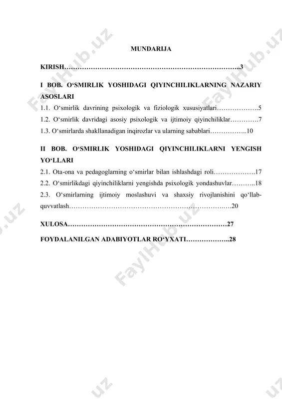 depressiya va o‘ziga bo‘lgan ishonchsizlik yuzaga kelishi mumkin. shuningdek, ijtimoiy muhit ham katta ahamiyatga ega bo‘lib, o‘smirlar oilaviy munosabatlar, maktabdagi bosim, do‘stlar ta’siri va jamiyatdagi stereotiplarga duch keladilar. ushbu muammolar ularning psixologik holatiga ta’sir qilib, ba’zan noto‘g‘ri qarorlar qabul qilishlariga sabab bo‘lishi mumkin. mazkur kurs ishida o‘smirlik yoshidagi qiyinchiliklarning asosiy sabablari, ularning ruhiy va ijtimoiy ta’siri hamda ushbu muammolarni bartaraf etish yo‘llari tahlil qilinadi. xususan, o‘smirlarning psixologik barqarorligini oshirish, ularga mos muhit yaratish, ota-onalar va o‘qituvchilarning roli hamda jamiyatning ushbu masalaga bo‘lgan munosabati o‘rganiladi. shuningdek, o‘smirlarning ijtimoiy moslashuvi, o‘z-o‘zini anglash jarayoni va shaxsiy rivojlanishiga ko‘maklashish bo‘yicha ilmiy-pedagogik tavsiyalar ishlab chiqiladi. ushbu ish natijalari o‘smirlarning hayotiy qiyinchiliklarini yengishda yordam beradigan samarali metodlarni aniqlashga xizmat qiladi. i bob. o‘smirlik yoshidagi qiyinchiliklarning nazariy asoslari 1.1. o‘smirlik davrining psixologik va fiziologik xususiyatlari o‘smirlik davri inson hayotining eng murakkab va o‘ziga xos bosqichlaridan biri bo‘lib, bu davrda jismoniy, psixologik va ijtimoiy o‘zgarishlar sodir bo‘ladi. o‘smirlik …