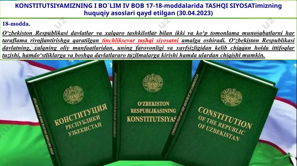 rossiya federatsiyasi hukumati bilan o‘zbekiston respublikasi hukumati o‘rtasida 2019-2024-yillarga mo‘ljallangan iqtisodiy hamkorlik dasturi imzolandi ikki davlat o‘rtasidagi muntazam siyosiy aloqalar yuqori va oliy darajalarda saqlanib kelinmoqda. ikki davlat rahbariyati o‘rtasidagi muntazam aloqalar ko‘p tomonlama tuzilmalar (mdh, shh) doirasida ham amalga oshirilmoqda 1-savol: o‘zbekiston respublikasi va rossiya federatsiyasi o‘rtasidagi strategik sheriklik to‘g‘risidagi shartnoma qachon imzolangan? a) 2001-yil b) 2003-yil c) 2004-yil d) 2005-yil c) 2004-yil 2-savol: o‘zbekiston respublikasi va rossiya federatsiyasi o‘rtasida diplomatik munosabatlar nechanchi yilda o‘rnatilgan? a) 1991-yilning 20-martda c) 1993-yilning 20-martda b) 1992-yilning 20-martda d) 1994-yilning 20-martda b) 1992-yilning 20-martda test bilan bilimlarni mustahkamlaymiz! 3-savol: rossiya va o‘zbekiston o‘rtasidagi savdo-iqtisodiy munosabatlarni tartibga soluvchi asosiy hujjat nechanchi yilda imzolagan? a) 1992-yilda b) 1993-yilda c) 1994-yilda c) 1995-yilda a) 1992-yilda 1992-yil fevralda aqsh davlat kotibi o‘zbekistonga rasmiy tashrif buyurdi va ikki davlat o‘rtasida diplomatik aloqalar o‘rnatildi 1992- yil martda toshkentda aqshning elchixonasi ochildi fan va ta`lim sohasida o`zaro aloqalar rivoji 1994-yil …