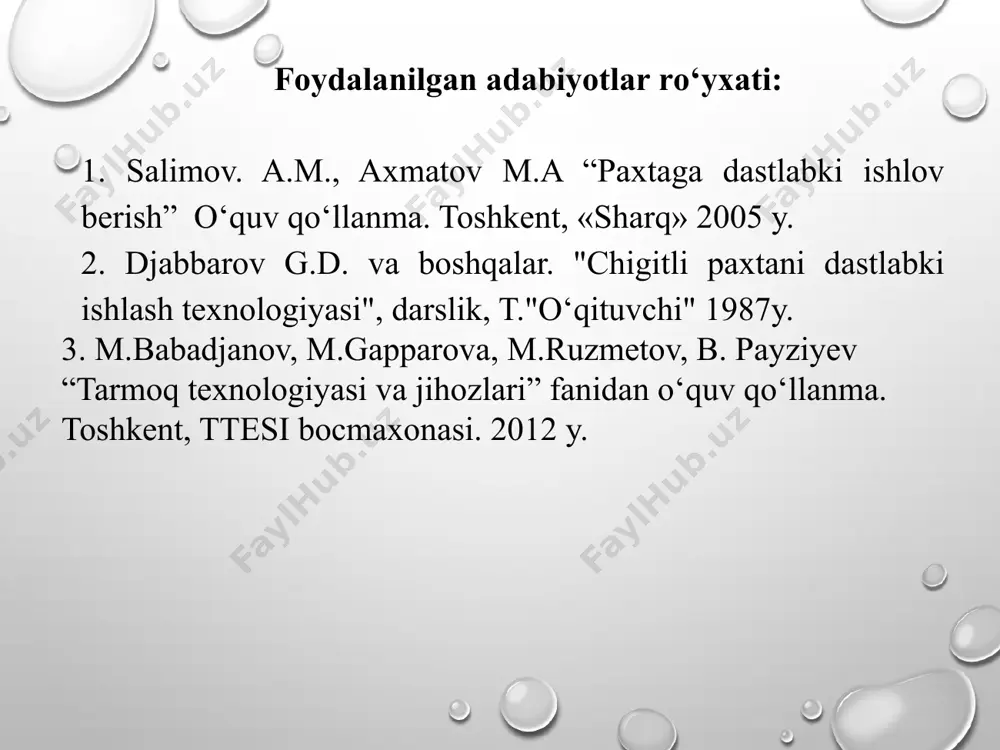 17,18.momiq va tola pressi;19. lentali transportyor; 20.gidronasos; 21. bak; 22.ventilyator; 23.linter; 24.chigitni uzatish shnegi; 25. chigit tarozisi; 26. kompressor. hozirgi vaqtda respublikamizda bir qatorli 23 arrali jinlar o‘rnatilgan korxonalar mavjud. valikli jinlar qatorlar tarzida joylashtirilib, har bir qatorda 810 donadan jinlar o‘rnatiladi. (5-rasm) paxta tozalash korxonasida paxta xom ashyosidan olinadigan mahsulotlar 6-rasmda ko‘rsatilgan. bularning ichida tola asosiy mahsulot bo‘lib hisoblanadi. paxta tozalash korxonasining bosh binosida 4 qatorda 10 tadan valikli jin o‘rnatilgan texnologik jarayon sxemasi 1. ventilyator; 2 paxta separatori.; 3. taqsimlash shnegi; 4.valikli jin; 5.tola yig‘ish transportyori;6.chigit yig‘ish shnegi;7.btm rusumli tola tozalagich; 8.tola uzatish quvuri; 9.kbm kondensori; 10.qoziqchali barabanli tola tozalagich;11. 5kb kondensori; 12.shibbalagich; 13,16.tola va momiq uchun press; 14,22.tolani yig‘uvchi tasmali transportyor; 15.gidronasos; 17.bak; 18.kompressor; 19. chigit elevatori; 20.linter; 21.chigit uzatish shnegi. paxta tozalash korxonasining ma’lum bir vaqt ichida (masalan yil davomida) ishlab chiqargan asosiy mahsuloti, ya’ni tolaning eng ko‘p miqdori korxonaning ishlab chiqarish quvvati deyiladi. paxta tozalash …