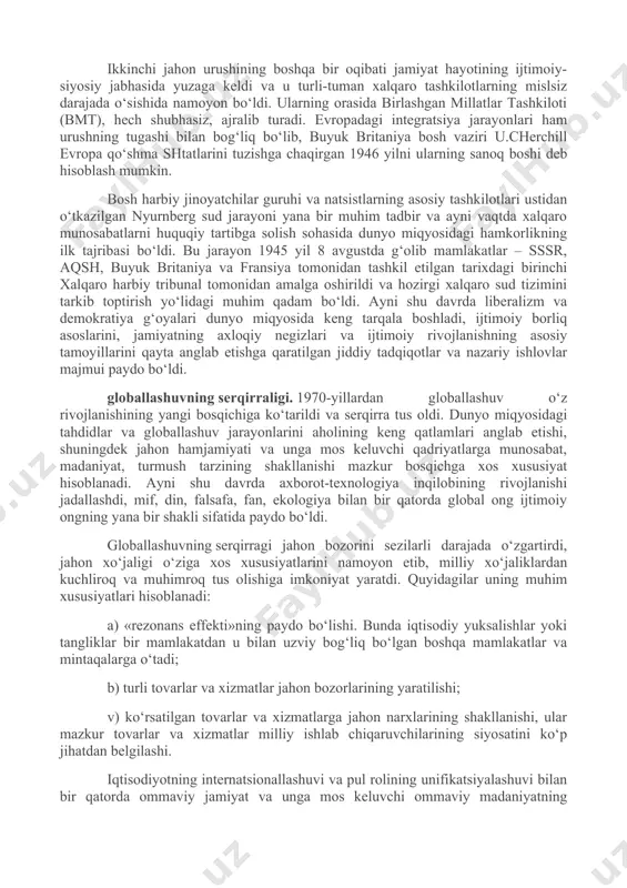 siyosat va ijtimoiy hayotni, balki aloqa va kommunikatsiya vositalarini, shuningdek ma’naviy jabha – madaniyat, fan va falsafani ham qamrab oldi. turli-tuman xalqaro tashkilotlar, forumlar, s’ezdlar, kongresslar vujudga kela boshladiki, bunga o‘sha davrda aloqa va ommaviy kommunikatsiya vositalarining faol rivojlanishi ham imkoniyat yaratdi. shunday qilib, amalda butun dunyo kuchli davlatlar va yirik monopoliyalar o‘rtasida keskin kurash va ta’sir doiralarini bo‘lib olish maydoniga aylandi va bu pirovardida birinchi jahon urushi boshlanishiga olib keldi. bu urushda jahonning ko‘p sonli xalqlari bevosita yoki bilvosita ishtirok etdi, chunki shu davrgacha dunyo miqyosida yuzaga kelgan iqtisodiy va siyosiy bog‘liqlik sayyoraning birorta ham yirik davlatiga urushdan yoki hech bo‘lmasa uning ta’siri va oqibatlaridan butunlay chetlashish imkonini bermas edi. bu mazkur davrdan e’tiboran tarix faqat evropa tarixi yoki, aytaylik, alohida xitoy, rossiya, amerika, g‘arb, sharq tarixi bo‘libgina qolmasdan, insoniyat tarixiga, ya’ni tom ma’nodagi jahon tarixiga ham aylanganidan dalolat beradi. 1918 yilda birinchi jahon urushining tugashi xalqaro maydonda kuchlarning …