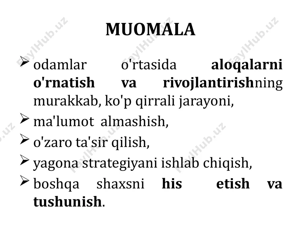 bog`liqligi (takrorlashlar, 1-dan, 2-dan, keyingisi, navbatdagi masala va hokazo) retrospeksiya – oldingi nutqlardagi, yoki nutqning oldingi qismidagi ma’lumotlarga murojaat qilish prospeksiya – kelajakdagi rejalar bo`yicha ba’zi ma’lumotlarni taqdim etish nutqning kommunikativ jihatlari nutqning to`g`riligi (grammatik norma va urg`u) nutqning aniqligi (ayniyat qonuni) nutqning tozaligi nutqning mantiqiyligi (“ferma jonkuyarlari olti oylik davlatga sut sotish planlarini muddatdan oldin bajardilar”) nutqning ta’sirchanligi nutqning maqsadga muvofiqligi нутқ таъсирини кучайтирувчи омиллар ҳикматли сўзларни ўринли қўллаш имо-ишора ва гавда ҳаракатларидан тўғри фойдаланиш интонация – оҳангни ўзгартириш халқ тилидаги илмоқли сўзлардан фойдаланиш бир маъноли сўзларни ўринли ишлатиш (“керак”, “зарур”, “мумкин”, “шарт”, “мақсадга мувофиқ”) нутқни муваффақиятли чиқиши қуйидаги жиҳатларга боғлиқ: ўзига ишончи мустаҳкам бўлиши нутқ тўлиқ исбот ва далилларга эга бўлиши материални тўғри жойлаштириш нутқ йўналтирилган соҳани яхши ўзлаштириш юмор ва ҳозиржавоблик, тез ва ўринли жавоб қайтариш nutqqa salbiy ta’sir etuvchi omillar ohang g’aliz ibora jargon vulgarizm sun’iylik нотиқликда: жиддий тайёргарлик кўриш гўзал баён қилиш тингловчи қалбига тўғри …