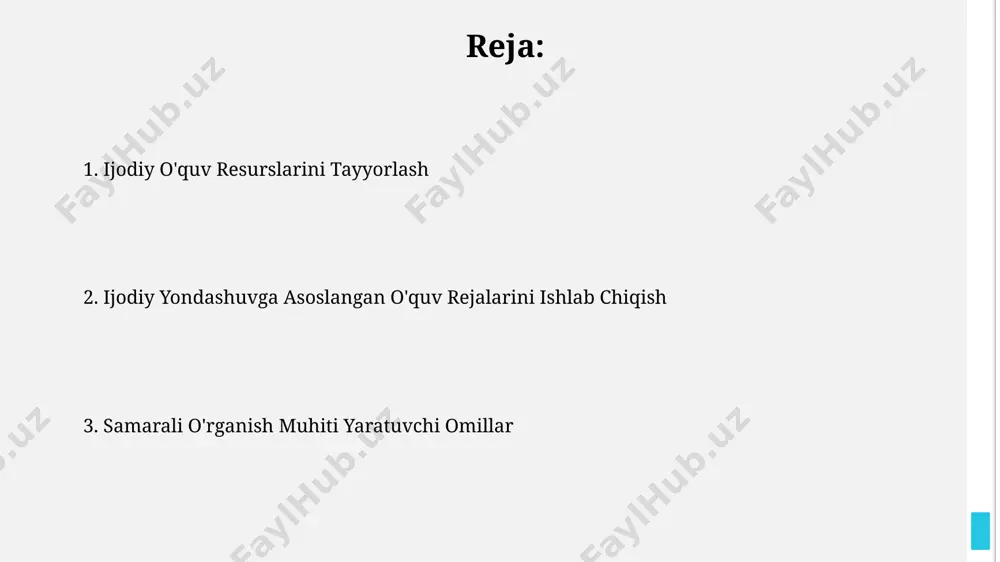 ha bo'lgan yosh guruhlarida ijodiy yo'naltirilgan maqsadlarni aniqlash va natijalarni rasmiy testlar orqali baholash usullari toshkentda qo'llaniladi. ijodiy fikrlashni rag'batlantirish “ijodkorlik ustaxonasi” nomli loyiha doirasida 15 nafar oʻquvchi 3 oy davomida rasm chizish, haykaltaroshlik va musiqa asoslarini oʻrganib, 2 ta katta hajmdagi ijodkorlik mahsulotini yaratadilar. andijon viloyatida joylashgan 7 ta maktabda 2024-yilda 300 dan ortiq oʻquvchi ijodkorlikni ragʻbatlantiruvchi yangi oʻquv dasturi asosida taʼlim oladi, bu dastur oʻyinlar va interaktiv uslublardan foydalanadi. o'quvchi markazli yondashuv “o'quvchi markazli yondashuv” 5-11 yoshdagi o'quvchilar uchun samarqanddagi 3 ta maktabda sinovdan o'tkazilib, 20% ga o'qish natijalarini yaxshilashga yordam berdi. ushbu yondashuv, o'quv jarayonida 7 ta turli xil o'yin texnologiyalarini qo'llab, o'quvchilarning faol ishtiroki va mustaqil fikrlashini rivojlantirishga qaratilgan. ijodiy ijodkorlikni qo'llab-quvvatlash ijodkorlikni qo'llab-quvvatlash uchun samarqanddagi 5 ta maktabda 2023-yilda 100 dan ortiq o'quvchi uchun maxsus ijodkorlik dasturlari ishlab chiqildi, bu ularning 30% ga ijodiy yo'nalishdagi kasb tanlashga yordam berdi. toshkent shahridagi "yosh ijodkorlar uyi" markazida …