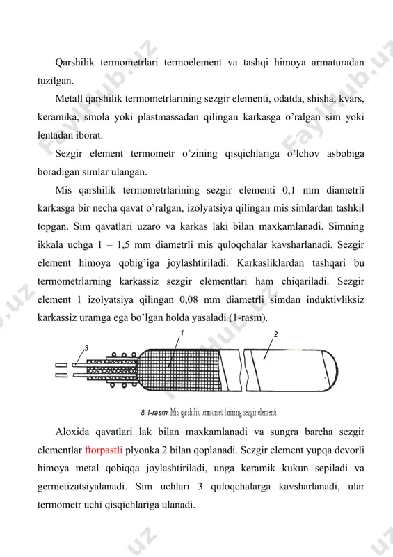 ’tishi kerak. bunda joul-lents qonuniga ko’ra issiqlik ajralib, u termometrni o’lchanayotgan muhit tempraturasiga qaraganda yuqoriroq haroratgacha qizdiradi. qarshilik termometrlarining kamchiligi – qushimcha tok manbaining zarurligidir. termometrlarning va boshqa qarshilik o’zgartkichlarning qarshiligini o’lchash uchun: logometrlar, ko’prik sxemalari (muvozanatlashtirilgan va muvozanatlashtirilmagan) va kompensatsion usullardan foydalaniladi. 4. logometrlar magnitoelektrik logometr, ko’pincha, qarshilik termometrlari bilan birgalikda haroratni o’lchash uchun qo’llaniladi. logometrning ishlash prinsipi ikki elektr zanjiridagi toklar nisbatini o’lchashga asoslangan. zanjirlardan biriga qarshilik termometri, ikkinchisiga o’zgarmas qarshilik ulangan. 5 – rasmda logometrning sxemasi keltirilgan. u uzaro va strelka 3 bilan bikr qilib maxkamlangan ikkita 1 va 2 ramachalardan iborat. bu ramachalar esa doimiy magnit qutb uchliklari 4 va 5 bilan uzak orasidagi xavo tirqishida joylashtirilgan. markazdan qutb uchliklari chetlariga qarab xavo tirqishi kamayadi va mos ravishda markazdan qutb uchliklari chetlariga qarab tirqishda magnit induksiyasi usadi. logometrning ikkala ramachisi bitta o’zgarmas tok manbai e dan ta‘minlanadi, ular aylanuvchi momentlari bir – biriga qarshi yo’naladigan qilib …