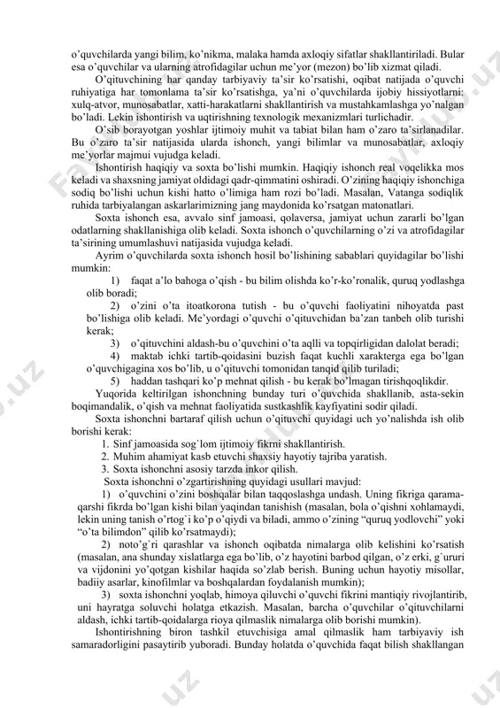 atlarni o’zida aks ettiradi. ma’lumki, o’z-o’zini anglash usullari ham mantiqiy, ham emotsional darajada o’z-o’zini tahlil etish natijasida olingan axborotlarni aniqlashtirish va umumlashtirishni talab etadi. xulosa qilib aytganda, o’z-o’zini tahlil etish va o’z-o’zini anglash pedagogda o’zi va boshqalarning u haqidagi tasavvuri sifatidagi kasbiy “men qiyofasi”ning shakllanishiga olib keladi. 3.2. kommunikatsiya metodlari. pedagogik (kommunikativ) ta’sir ko’rsatish metodlari. ta’lim va tarbiya jarayonida o’qituvchi tomonidan pedagogik ta’sir ko’rsatishning asosiy metodlariga quyidagilar kiradi: talab, istiqbol, rag’batlantirish va jazolash, jamoatchilik fikri. talab – ta’lim va tarbiya jarayonida o’qituvchining tarbiyalanuvchiga nisbatan shaxsiy munosabatlarida namoyon bo’ladi. o’quvchining u yoki bu xatti-harakati o’qituvchi nazoratida bo’lib, ijobiy jihatlari rag’batlantirib boriladi yoki aksincha nojo’ya xatti-harakati to’xtatib qo’yiladi. istiqbol – ta’sirchan pedagogik usul bo’lib, o’quvchilarda mustaqil fikr yuritishni, ma’lum bir maqsadga, orzuga erkin intilish hissini takomillashtiradi. bu maqsadlar ularning shaxsiy intilishlarida, qiziqish va muddaolarida namoyon bo’ladi. ushbu usul maktab o’quvchilarini shaxs sifatida eng muhim insoniy fazilatlaridan biri bo’lgan maqsadga intiluvchanlikni rivojlantiradi. rag’batlantirish …