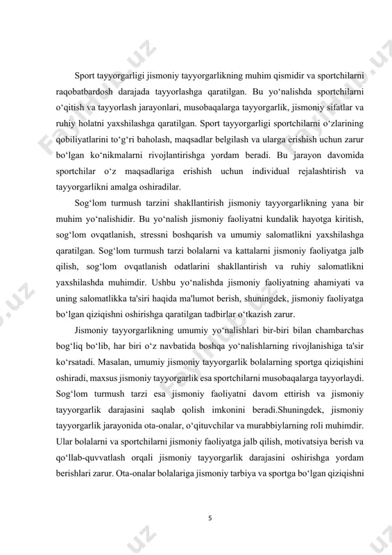 ir tomondan, organizmni umumiy tarzda yaxshilashni, boshqa tomondan esa, insonning turli kasbiy faoliyatlariga moslashtirilgan mashqlarni o‘z ichiga oladi.jismoniy tayyorgarlikning umumiy yo‘nalishlaridan biri, albatta, kardio mashqlar bilan bog‘liq. kardio mashqlar — yurakni va tomirlar tizimini mustahkamlashga yordam beradi. bu mashqlar turli xil shakllarda amalga oshirilishi mumkin: yugurish, velosipedda yurish, suzish, aerobika, yoki oddiy jismoniy harakatlar, masalan, tepaga ko‘tarilish. ushbu mashqlar organizmda kislorod tashishni va mushaklar energiyasini ishlab chiqarishni optimallashtiradi. ular nafaqat jismoniy holatni yaxshilash, balki stressni kamaytirish, kayfiyatni ko‘tarish va umumiy salomatlikni yaxshilashda ham yordam beradi.bundan tashqari, kuchli mushaklar va to‘g‘ri posturalar jismoniy tayyorgarlikning boshqa muhim yo‘nalishlaridan biridir. mushaklarning kuchini oshirish, nafaqat sportchilarga, balki kundalik faoliyatda ham muhimdir. o‘zini himoya qilish, yuk ko‘tarish yoki uzoq muddat o‘tirish va turish holatlarini to‘g‘ri bajarish uchun kuchli mushaklar zarur. mushaklarni kuchaytirish uchun og‘irlik ko‘tarish, mashqlarni bajarish yoki maxsus to‘plar, elastik bantlar bilan ishlash kabi turli xil usullar qo‘llanilishi mumkin. aynan shu mashqlar orqali ko‘plab …