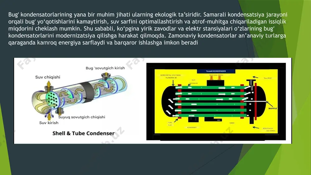 arda ishlatiladigan kondensatorlar zamonaviy ekologik me’yorlarga mos kelishi kerak. 1.kondensatorga beriladigan sovutuvchi suv sarifini xisoblash formulasi. d – kondensatsilanayotgan bug’ sarifi ik – kon bug’ entalpiyasi ik’ – kon entalpiyasi kj/kg cs – suvni solishtirma sig’imi[4.19 kj/kg] 2.kondensatni sovutish karraligi xisobi 3. bug’ berayotgan issiqlik miqdori 4. suv olayotgan issiqlik miqdori 5. kon sovutish yuzasini xisoblash formulasi 6. o’rtacha xarorat bosimoni xisoblash formulasi yuzali kondensatsion qurilmaning soddalash-tirilgan sxemasi:1– bug’ turbinasidan bug’ chiqarish quvuri; 2–linzali kompensator; 3–bug’qabul qilish quvuri; 4–atmosferaklapniga bug’ni berish quvuri; 5–kondensator quvurlari; 6–suv kamerasi; 7–havo so’rish quvuri; 8–suv chiqarish kranlari; 9– va 11–tayanchlar; 10–kondensat yiqqich; 12–kodensat nasosi; 13–sovituvchi suv oqavasi quvuri; 14–chiqaruvchi kanal; 15–tsirkulyatsion nasos; 16–sovituvchi suv kirish kanali; 17–sovituvchi suv so’rish quvuri; 18–yordamchi bug’ oqimli ejektor quvuri; 19– sovituvchi suv yo’nalishidagi buragichli qopqoq; 20–kondensat quvuri; 21–ikki pog’onali bug’ oqimli ejektor; 22–ejektorga bug’ berish; 23–surilgan bug’-havo aralashmasini ejektorga berish; 24–suv kamerasi; 25–havo chiqarish krani; 26–bug’ turbinasi. bugʻ kondensatorining …
