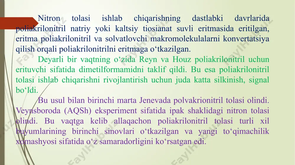 ketaveradi. bugungi kunga kelib bunday tolalarni ishlab chiqarishga katta ahamiyat berilmoqda. hozirda navoiy shahrida, karmanada nitron tola ishlab chiqarish korxonasi muvaffaqiyat bilan o‘z mahsulotlarini bermoqda. nitron tolasi sintetik tolalar ichida, chiqarish hajmining kengligi va tola olishda sarflanadigan xom-ashyo bazasining arzonligi bilan ajralib turadi. o‘zbekistonda nitron, angliyada kurtel, fransiyada krilor, yaponiyada kashmelon deb nomlanuvchi tolalarni ko‘rsatsa bo‘ladi. ma’lumotlarga qaraganda, pan dan asosan shtapel tola va taxminan 0,5% issiqqa chidamli texnik tolalar va kam miqdorda kompleks iplar ishlab chiqariladi. nitron tola ishlab chiqarish respublikamizda 2021 yilda 40 ming tonnani tashkil qildi [9]. sanoatda poliakrilonitrildan sun’iy jun tolalar olinadi. o‘zbekistonda 92,7% akrilonitil 6% metilakrilat va 1,3% itakon kislotasi sopolimerlari asosida pan tolasi olinmoqda. pan ya’ni nitron tolasidan fil‘trlaydigan materiallar, maxsus kiyim – kechaklar, elkanlar, arqonlar, pardalar, jildlar, adyollar, gilamlar va issiqlikni o‘tkazmaydigan materiallar tayyorlanadi, chunki nitron tolasining issiqlik o‘tkazuvchanligi junga yaqinroq turadi. nitron tolasi sifat jihatidan tabiiy jun tolasidan yuqori bo‘lib ajoyib xususiyatga …