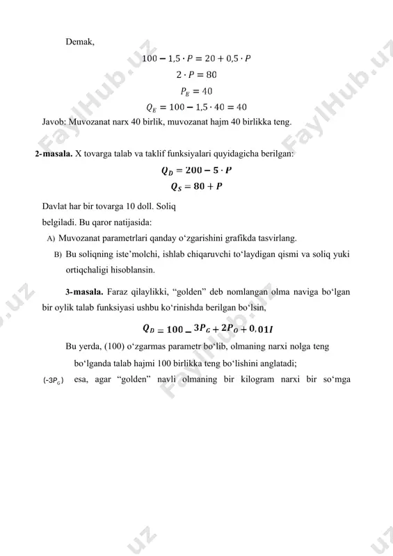 iqlansin. qd  100  (3x400)  (2x300)  (0,01x200000)  1500 faqat bir omil la'sir qilganda va boshqa omillar o‘zgarmas deb qabul qilingandagi sharoitda hisoblab chiqamiz: faqat narx omili la'sir ko‘rsatganda: po uchun: i uchun: 4- masala. 2019 yilning 1-yarmida o‘zbekiston bozorida tamaki mahsuloti taklifi ichki bozorimizdagi talab tashqi bozordagi talab esa bu yerda: p – 1 quti tamaki narxi, q – qutilar soni. tashqi bozordagi o‘zgarishlar sabab tashqi talab 20%ga kamayib ketdi. aniqlansin: a) tashqi bozordagi bu o‘zgarish ishlab chiqaruvchi daromadining qancha kamayishiga olib kelishi. b) agar davlat 1 quti tamaki narxini 900 so‘m qilib belgilab qo‘ysa bu qaror qanday oqibatlarga olib kelishi. quyidagi bildirilgan fikrlar to’g’ri yoki noto’g’riligini aniqlang. t/n 1. bozor iqtisodiyotida kimning puli ko‘p bo‘lsa, u shuncha ko‘p tovar sotib olishi mumkin . 2. tovar ishlab chiqarish hajmi va usuli ishlab chiqarish resurslarining bahosiga bog‘liq. 3. mukammal raqobatga asoslangan iqtisodiyotda alohida tovar ishlab chiqaruvchi mahsulot …