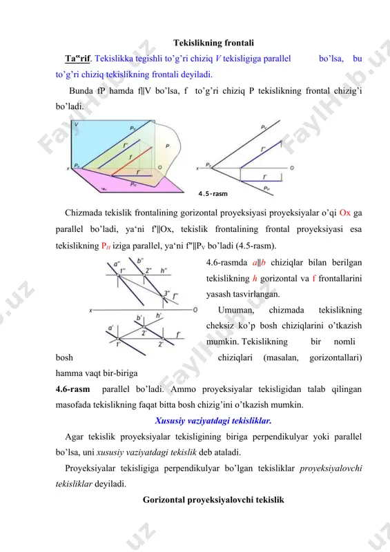 iziqning tekislikka tegishliligi to’g’ri chiziq va tekislik fazoda o’zaro quyidagi vaziyatlarda bo’lishi mumkin: · to’g’ri chiziq tekislikka tegishli (ap), · to’g’ri chiziq tekislik bilan kesishadi (ap), · to’g’ri chiziq tekislikka parallel (a p), · to’g’ri chiziq tekislikka perpendikulyar (ap). tekislikka tegishli to’g’ri chiziq va nuqta. quyidagi xollarda to’g’ri chiziq tekislikka tegishli bo’ladi: · agar to’g’ri chiziqning ikki nuqtasi tekislikka tegishli bo’lsa, bu to’g’ri chiziq tekislikka tegishli bo’ladi. masalan, a to’g’ri chiziqning a va b 4.13-rasm nuqtalari (4.13-rasm) q tekislikka tegishli bo’lganligi uchun a to’g’ri chiziq q tekislikka tegishli bo’ladi; · agar m to’g’ri chiziqning bir nuqtasi tekislikka tegishli bo’lib, mazkur tekislikka tegishli yoki unga parallel biror to’g’ri chiziqqa parallel bo’lsa, bu to’g’ri chiziq tekislikka tegishli bo’ladi. masalan, m to’g’ri chiziqning c nuqtasi q tekislikka tegishli va bu to’g’ri chiziq mazkur tekislikka tegishli to’g’ri chiziqqa parallel bo’lsa, u holda m to’g’ri chiziq q tekislikka tegishli bo’ladi. foydalanilgan adabiyotlar: 1. engeneering drawing, …