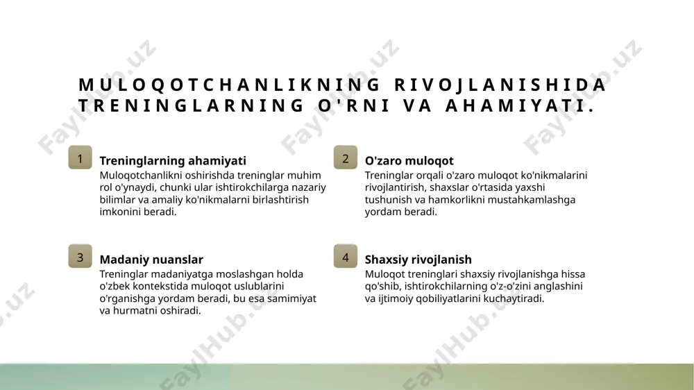 l vaziyatlarda ko'nikmalarini sinab ko'rishadi va o'zaro fikr almashishadi. muloqot ko'nikmalarini rivojlantirishda zamonaviy texnologiyalar roli. 1 raqamli platformalar - zamonaviy raqamli platformalar, masalan, zoom va skype, shaxsiy va professional muloqotda masofaviy aloqa imkoniyatlarini kengaytiradi. 2 mobil ilovalar - mobil ilovalar, masalan, whatsapp va telegram, tez va qulay muloqot uchun samarali vositalar bo'lib, guruhlar va jamoalar o'rtasida aloqa o'rnatadi. 3 ta'lim texnologiyalari - ta'lim texnologiyalari, masalan, online trening dasturlari, muloqot ko'nikmalarini rivojlantirishda interaktiv va samarali usullarni taklif etadi, natijalarni oshiradi. o'zbek madaniyatidagi muloqot uslublari va treninglarga ta'siri. 1 o'zbek muloqoti o'zbek madaniyatida muloqot an'anaviy va samimiy bo'lib, ko'p hollarda til va tana tilidan foydalanishda nozikliklarni talab qiladi. 2 treninglarning roli muloqot treninglari, o'zbek madaniyatidagi an'anaviy uslublarni hisobga olib, ishtirokchilarga samarali va madaniyatga mos muloqot ko'nikmalarini oshiradi. 3 madaniyat va muloqot o'zbek madaniyatida muloqot uslublari, an'analar va qadriyatlar bilan chambarchas bog'liq bo'lib, treninglar orqali bu jihatlar yanada kuchaytiriladi. muloqotchanlikni oshirishga qaratilgan treninglarda …