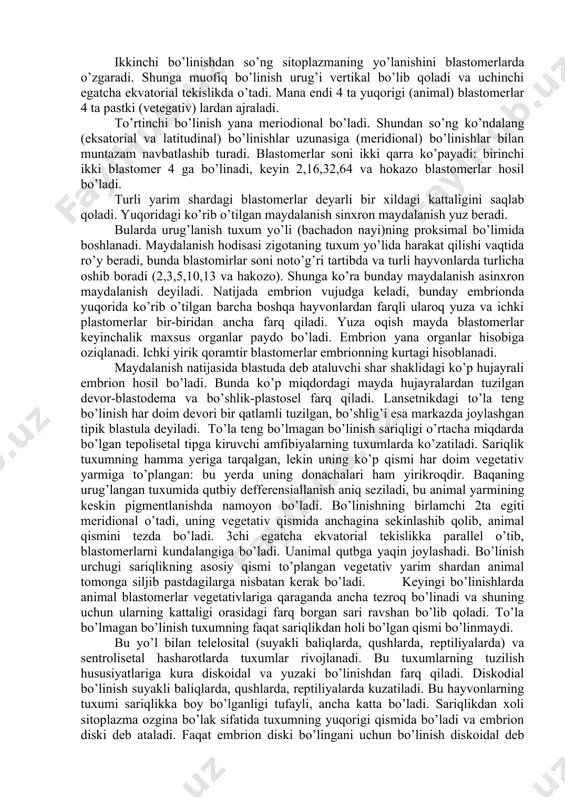 yotadi, bo’linish egati esa vertikal o’tadi. hosil bo’luvchi blastomerlarning har birida plazma hamma vaqt gorizontal tekislikda saqlanadi, shu sababli bo’linishning ikkinchi egati yana meriodional o’tadi. ikkinchi bo’linishdan so’ng sitoplazmaning yo’lanishini blastomerlarda o’zgaradi. shunga muofiq bo’linish urug’i vertikal bo’lib qoladi va uchinchi egatcha ekvatorial tekislikda o’tadi. mana endi 4 ta yuqorigi (animal) blastomerlar 4 ta pastki (vetegativ) lardan ajraladi. to’rtinchi bo’linish yana meriodional bo’ladi. shundan so’ng ko’ndalang (eksatorial va latitudinal) bo’linishlar uzunasiga (meridional) bo’linishlar bilan muntazam navbatlashib turadi. blastomerlar soni ikki qarra ko’payadi: birinchi ikki blastomer 4 ga bo’linadi, keyin 2,16,32,64 va hokazo blastomerlar hosil bo’ladi. turli yarim shardagi blastomerlar deyarli bir xildagi kattaligini saqlab qoladi. yuqoridagi ko’rib o’tilgan maydalanish sinxron maydalanish yuz beradi. bularda urug’lanish tuxum yo’li (bachadon nayi)ning proksimal bo’limida boshlanadi. maydalanish hodisasi zigotaning tuxum yo’lida harakat qilishi vaqtida ro’y beradi, bunda blastomirlar soni noto’g’ri tartibda va turli hayvonlarda turlicha oshib boradi (2,3,5,10,13 va hakozo). shunga ko’ra bunday maydalanish …