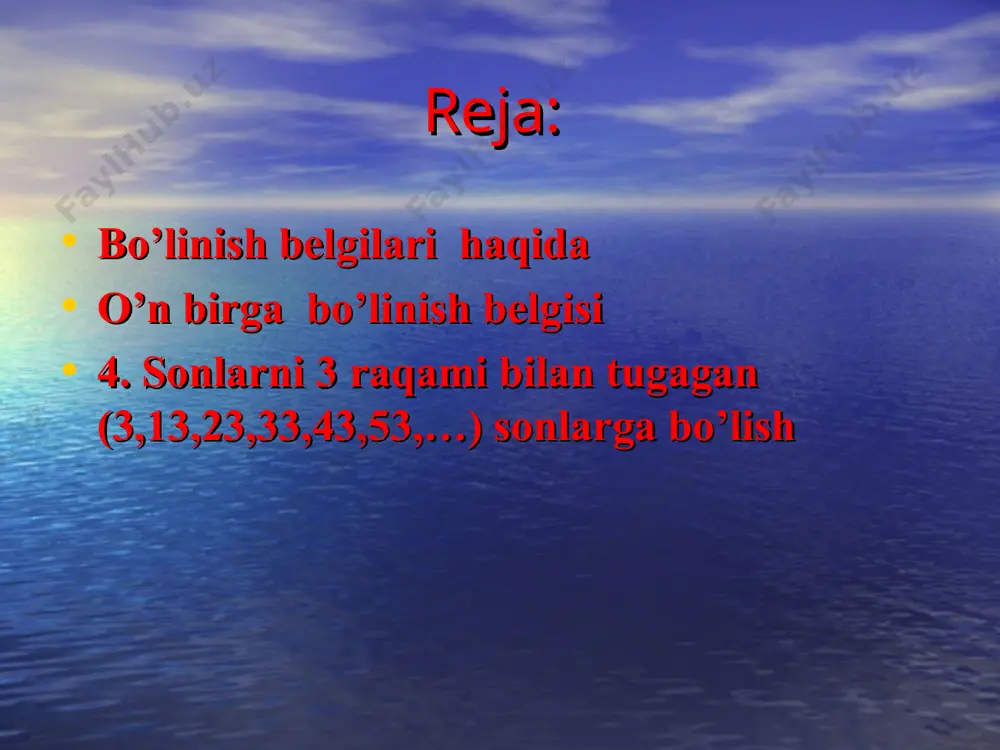 y n son 11 ga bo’linishi yoki bo’linmasligini o’uyidagi shakl o’zgartirishlar kiritish yo’li bilan aniqlanadi: n=10a+b=11a-(a-b). bundagi(a-b) ayirma 11 ga bo’linsa, n soni 11 ga bo’linadi. agar hosil bo’lgan(a-b) ayirma, o’z navbatida, yana ko’p xonali kata son bo’lsa, uni a1 orqali belgilab, u bilan xudi n soni 11 ga bo’linishini aniqlashda bajarilga usulni qo’llaymiz. bu jarayonni ai(iq1,2,3,…..), 11 ga bo’linishi aniq bo’lgunga qadar davom ettiriladi. aytilganlarni misollar yechish jarayoniga tatbiq etamiz. 1-misol. 297 soni 11 ga bo’linishini aniqlang. yechish. 297 soni yuqoridagidek shaklda o’zgartiriladi: 297=29*10+7=29*11-(29-7) ko’rinishni oladi. bunda 29*11 ko’paytma son 11ga bo’linadi. 29-7=22 ayirma ham 11ga bo’linishi aniq. demak 297 soni 11 ga bo’linadi. 2-misol. 69025 ni 11 ga bo’linishini ko’rsatamiz. yechish. buning uchun 69025 ni o’nlik xonasidagi 6902 sondan birlik xonasidagi 5 raqamini ayirsak, 6902-5=6897 hosil bo’ladi. 6897 ham, o’z navbatida ko’p xonali son bo’lganligi uchun 11 soniga bo’linishi yoki bo’linmasligi yaqqol bilinmaydi. yuqoridagi usulni qo’llaymiz. 689-7=682 hosil …