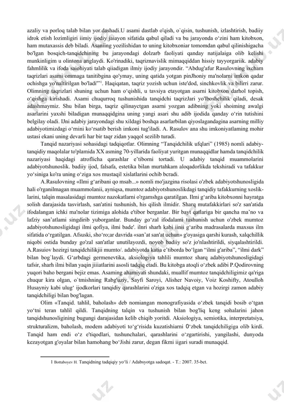 n qarash uning tabiiy, tug'ma xususiyatlaridan hisoblanadi. sinchkovlik, adabiy hodisalaiga teran e'tibor bilan qarash, tushunish, tahlil qilish, doim ijodiy jarayonlar ichida bo‘lish - adabiy tanqidchining yetakchi xususiyatlandan. munaqqid qalamini taqrizda sinab ko'rishi, qayrashi ma'lum. a.rasulov ham taqriz janrida faol ijod qilib, iste'dodlarning birinchi kitoblariga taqrizlar yozib, ulami katta ijodga yo'lladi. olim dastlabki taqrizlardan tortib, 70 yosh bo‘sag‘asidayozganlarigacha, tanqidchilikmng mana shu ixcham janrida katta mehnat qildi, yuzlab go'zal taqrizlar yaratdi. taqriz qay yo'sinda yozilniasin, qanday maqsadni ilgari surmasin, undan murod asami tushunish, baholash, tushunganlarini kitobxonlar omniasiga yetkazish ekanini munaqqid yaxshi anglaydi va har bir taqrizni yozayotganda badiiy matnga ana shu azaliy va porloq talab bilan yor.dashadi.u asami dastlab o'qish, o`qisin, tushunish, izlashtirish, badiiy idrok etish lozimligiri iimiy ijodiy jaiayon sifatida qabul qiladi va bu jarayonda o‘zini ham kitobxon, ham mutaxassis deb biladi. asaniing yozilishidan to uning kitobxoniar tomomdan qabul qilinishigacha bo'lgan bosqich-tanqidchining bu jarayondagi dolzarb faoliyati qanday natijalaiga olib kelishi munkinligim …