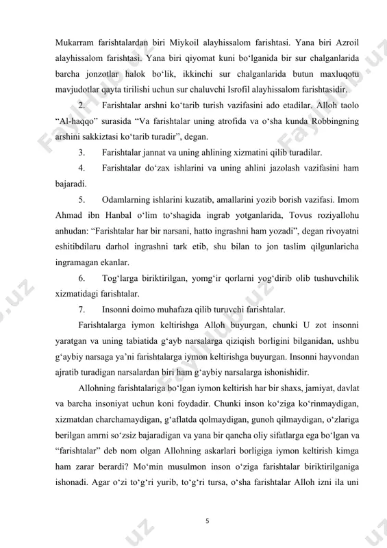 o‘ziga farishtalar biriktirilganiga ishonadi. agar o‘zi to‘g‘ri yurib, to‘g‘ri tursa, o‘sha farishtalar alloh izni ila uni muhofaza qilishga iymon keltiradi. ularning biri yaxshi amallarni, ikkinchisi yomon amallarni nomai a’moliga yozib borayotganiga, qiyomat kuni shu yozilgan narsalar asosida hisob kitob bo‘lishiga ishonadi. bu esa har bir insonni doimo yaxshilik qilib, yomonlikdan qochishga undovchi juda kuchli omildir. bu omil har bir inson, jamiyat, davlat uchun, barcha insoniyat uchun o‘ta zarurdir. 4. kitoblariga iymon keltirish ilohiy kitoblarga iymon keltirish islom aqiydasi arkonlaridan biridir. buning ma’nosi, o‘sha kitoblarning barchasi allohning kalomidan iborat ekaniga ishonmoqlikdir. bunga dalil baqara surasining oxirgi oyati: “rasul va mo‘minlar unga robbisidan nozil qilingan narsaga iymon keltirdilar. barcha, allohga, uning farishtalariga, kitoblariga, rasullariga iymon keltirdi”. payg‘ambarlarga nozil qilingan ilohiy kitoblar 4 ta. bulardan 1-si zabur dovud alayhissalomga. 2-si tavrot muso alayhissalomga. 3-si injil iso alayhissalomga. 4-si qur’on muhammad sollallohu alayhi vasallamga nozil qilingan. bulardan tashqari ibrohim aylayhissalomga tushirilgan vahiylar to‘plami “sahifalar” …