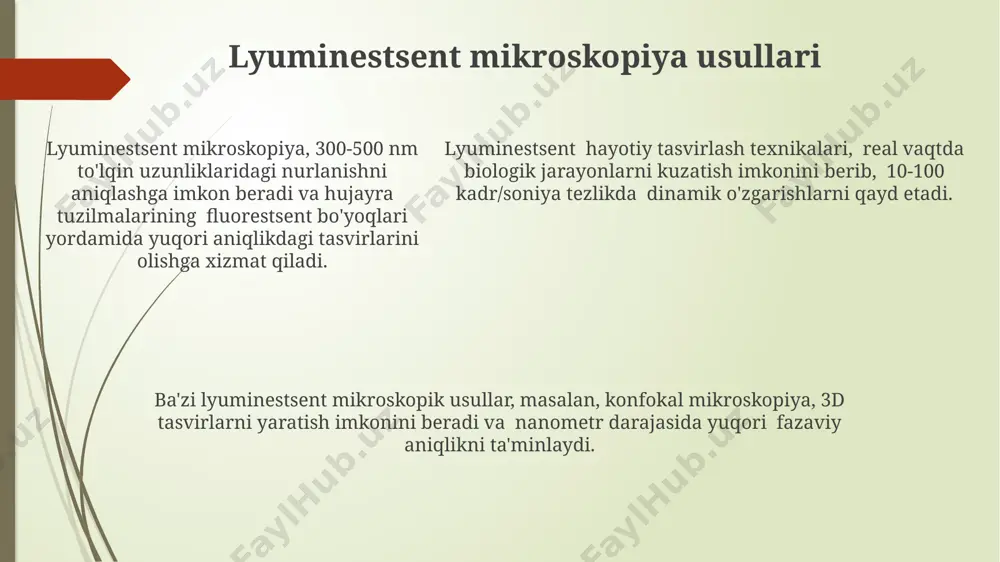 ini o’lchashdagi xatoliklarni hisobga olish uchun kalibrlash egri chiziqlari va standart namunalar (3-5 ta) qo’llaniladi, natijalarni aniqroq talqin qilish uchun. ma’lumotlarni oldindan tozalash va shovqinni kamaytirish uchun median filtri yoki kalitli so’zlar bilan bog’liq bo’lgan 5 dan ortiq spektrlarni o’rtacha hisoblash kabi usullar qo’llaniladi. kattalashtirilgan mikroskopiya kattalashtirilgan mikroskopiya yordamida 100 nm dan kam bo'lgan fluorescent zarrachalarni aniqlash mumkin, bu esa yuqori aniqlikdagi hujayra ichki jarayonlarini kuzatish imkonini beradi. kattalashtirilgan mikroskopiya, turli xil fluoroforlarning emissiya spektrlarini ajratib olish orqali, bir vaqtning o'zida bir nechta (masalan, 3-5 ta) biomolekulalarni vizualizatsiya qilish imkonini beradi. kattalashtirilgan mikroskopiya, turli xil fluoroforlarning emissiya spektrlarini ajratib olish orqali, bir vaqtning o'zida bir nechta (masalan, 3-5 ta) biomolekulalarni vizualizatsiya qilish imkonini beradi. molekulyar lyuminestsentsiya spektroskopiyasi molekulyar lyuminestsentsiya spektroskopiyasi turli xil kimyoviy birikmalarni, shu jumladan, 200 dan ortiq organik va noorganik moddalarni aniqlashda qoʻllaniladi. ushbu usul, 10 -9 mol/l gacha boʻlgan past konsentratsiyalardagi moddalarni aniqlash imkonini beradi va shuning …
