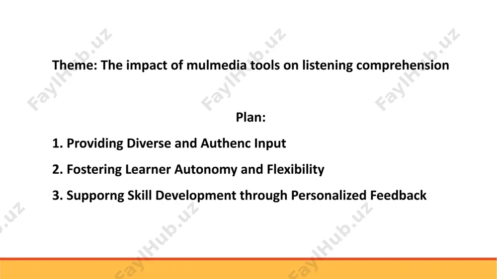 nal listening exercises, which often involve passive listening to audio recordings or repetition of phrases, can become monotonous and disengaging for students. multimedia, in contrast, introduces a variety of engaging formats, such as interactive videos, animations, and gamified listening tasks, which capture learners' attention and encourage active participation. fostering learner autonomy and flexibility another significant advantage of multimedia tools is the flexibility they offer, which fosters learner autonomy. with the use of digital tools, learners can practice listening comprehension at their own pace, on their own time, and according to their own learning preferences. multimedia platforms such as streaming services (e.g., netflix, spotify) or language learning apps allow students to choose content that interests them, whether it’s a podcast, a movie, or a song. this choice empowers learners to take ownership of their learning and tailor it to their personal preferences and needs. supporting skill development through personalized feedback multimedia …