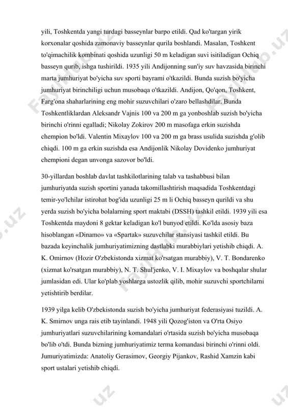 o (xizmat ko'rsatgan murabbiy), n. t. shul'jenko, v. i. mixaylov va boshqalar shular jumlasidan edi. ular ko'plab yoshlarga ustozlik qilib, mohir suzuvchi sportchilarni yetishtirib berdilar. 1939 yilga kelib o'zbekistonda suzish bo'yicha jumhuriyat federasiyasi tuzildi. a. k. smirnov unga rais etib tayinlandi. 1948 yili qozog'iston va o'rta osiyo jumhuriyatlari suzuvchilarining komandalari o'rtasida suzish bo'yicha musobaqa bo'lib o'tdi. bunda bizning jumhuriyatimiz terma komandasi birinchi o'rinni oldi. jumuriyatimizda: anatoliy gerasimov, georgiy pijankov, rashid xamzin kabi sport ustalari yetishib chiqdi. jumhuriyatimiz hukumati suzish uchun sport bazalari qurilishiga katta mablag' ajratdi. chunonchig. 1949-1955 yillar mobaynida andijon, namangan va ko'qon shaharlarida 25 m li ochiq basseynlar qurib ishga tushirildi va ular qoshida suzish bo'yicha bolalar va o'smirlar maktabi (bo'sm) ochildi. alla mixaylina, tamara potapova (lyagina), aleksandr arxipov, yuriy frolov, r. vahobov kabilar bilan suzuvchi sportchilar safi kengaydi. bular orasida yuray frolov 1954 yili 200 m ga batterflyay usulida (2. 32, 6) suzib, chempioni va rekordchisi degan …