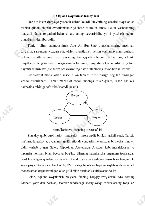 iyaga bo`lgan talabini o`rganishdan boshlanadi. ovqatlanish bo`yicha ilmiy - tadqiqot ishlarining xix va xx asrlarda rivojlanishi birinchi marta tarkibi bo`yicha muvozanatlashtirilgan taomlar bilan ovqatlanish konsepsiyasini ishlab chiqishga imkon berdi. ilmiy izlanishlar natijasida olingan ma’lumotlarni hisobga olgan holda xx asrning ikkinchi yarmida ushbu konsepsiya qayta ko`rib chiqildi va muhim o`zgartirishlar kiritildi. bunga rus olimlari akademiklar a.a.pokrovskiy va a.m.ugolevlarning qo`shgan hissalari o`ta katta bo`ldi. bugungi kunda ushbu konsepsiya bo`yicha ovqatlanishni tashkil qilish iste’mol qilinadigan taomlarning organizm sarflagan energiyasini to`liq qoplashini, organizmning maqbul rivojlanishi va faoliyat ko`rsatish uchun taomlar tarkibida unga kerakli barcha moddalarning, shu jumladan almashinmaydiganlarining mavjud bo`lishini va ularning miqdori buyicha organizmga ma’lum bir nisbatlarda tushishini hamda taomlar tarkibiy qismlarining organizm fermentlari sistemasiga to`g`ri kelishini nazarda tutadi. demak, muvozanatlashtirilgan ovqatlanish deganda tarkibida sifati va miqdori bo`yicha moddalari optimal holda bo`lgan taomlarni iste’mol qilish tushuniladi. rossiya tibbiyot fanlar akademiyasining akademigi a.a. pokrovskiy birinchi bo`lib balanslashtirilgan ovqatlanish formulasini ishlab chiqdi. (jadval). u kuniga …