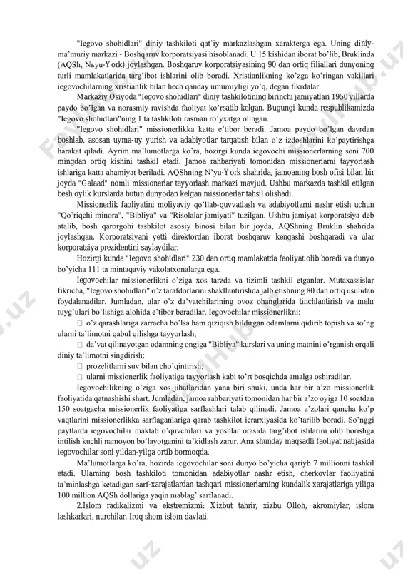 ilan bir qatorda, uning hosilasi sifatida alohida olingan millat va jamiyatlar darajasida oʼz-oʼzini anglashga boʼlgan intilishning chuqurlashuviga ham zamin yaratmoqda. bu jarayonlar oʼz navbatida inson maʼnaviyatining uzviy qismi boʼlgan dinning mohiyatini tushunish, uning inson va jamiyat hayotidagi oʼrnini anglashga boʼlgan eʼtiborning kuchayishini keltirib chiqarmoqda. shu bilan birga, dinga boʼlgan qiziqishning kuchayishi bugungi kunda kishilik jamiyati oldida turgan muammolar, insonning ularni hal qilish yoʼllari haqidagi oʼy-izlanishlari, dunyoviy va diniy qadriyatlar uygʼunligini taʼminlagan holda bugungi kunning ogʼir va murakkab savollariga toʼlaqonli javob topishga intilishi bilan bogʼliq ekanini ham alohida qayd etish lozim. mutaxassislar maʼlumotlariga koʼra, xx asrning ikkinchi yarmida xristianlik, buddaviylik, islom va boshqa dinlar doirasida yuzlab sektalar paydo boʼlgan. bu shunday jarayonlar kelajakda davom etishi mumkinligini taxmin qilish imkonini beradi. yangi diniy harakatlar deganda odatda xx asrning 70 yillarida yevropa va аqshda tarqalgan noanʼanaviy diniy guruhlar va oqimlar nazarda tutiladi. iegovo shohidlari (yoki yahve guvohlari) yoʼnalishiga 1873 yilda charl’z teyz rassel …