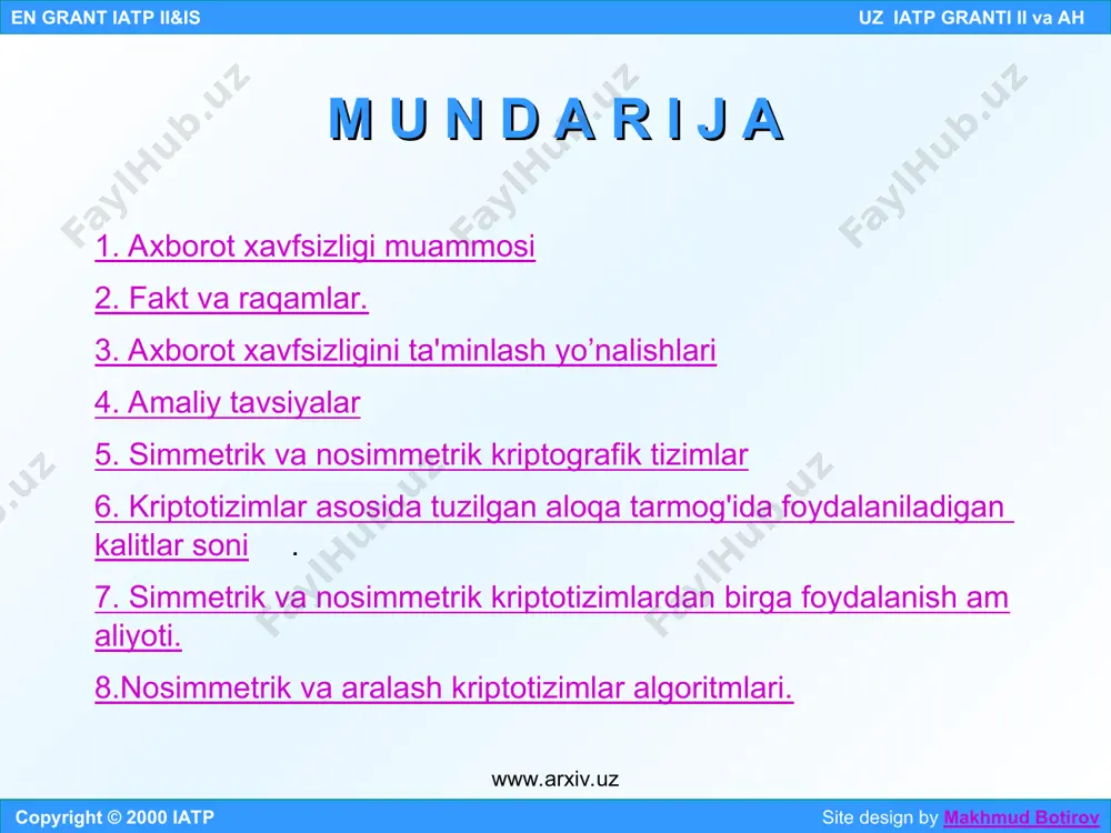 vval qo'lga kiritilgan transaktsiya(amallarning yaxlit ketma-ketligi)larni qayta yuborish, "xizmatdan yo axborotga daxldorlikdan bo'yin tovlash" , jo'natmalarni ruxsat berilmagan yo'l orqali yo'naltirish. axborot xavfsizligini ta'minlash quyidagi uch asosiy muammoni yechishni nazarda tutadi. bular: pinhonalik(confidentiality) butunlik(integrity) qobillik(availability) copyright © 2000 iatp site design by makhmud botirov en grant iatp ii&is uz iatp granti ii va ah 1. axborot xavfsizligi muammosi www.arxiv.uz www.arxiv.uz * fakt va raqamlar. aqsh dagi kompyuter xavfsizligi instituti va fbr tomonidan kompyuter jinoyatlari bo'yicha 1999 yilda o'tkazilgan so'rov natijalariga ko'ra so'rovda qatnashgan tashkilotlarning 57 foyizi internet bilan ulanish joyi "ko'pincha tajovuzlar tashkil etiladigan joy" deb, 30 foyizi ularning tarmog'iga suqulib kirish yuz berganini, 26 foyizi esa tajovuz vaqtida pinhona axborotni o'g‘irlash sodir bo'lganini ma'lum qilishgan. aqsh kompyuter jinoyatlariga qarshi kurash federal markazi - fedcirc ma'lumotlariga ko'ra 1998 yilda 1100000 kompyuterli 130000 ga yaqin davlat tarmoqlari tajovuzga duchor bo'lgan. "kompyuter tajovuzi" deganda kishilar tomonidan kompyuterga beruxsat kirish uchun maxsus dasturni …