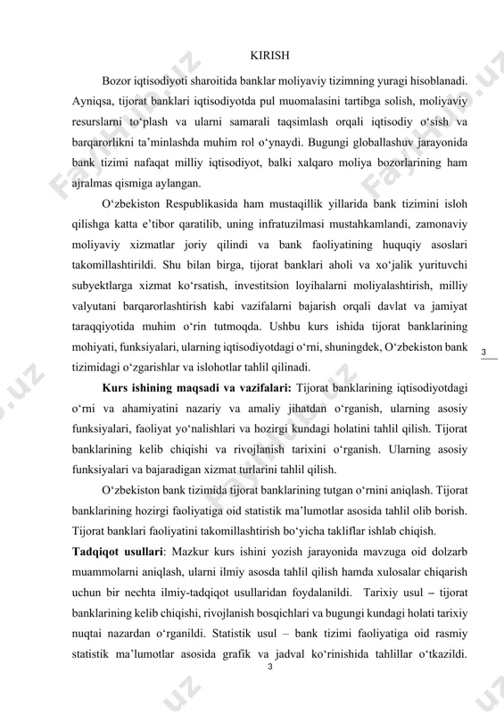 antiradi va iqtisodiy faollikni oshiradi. bank tizimi, ayniqsa, moliyalashtirish, to‘lov tizimini yuritish, investitsiya jarayonlarini qo‘llab-quvvatlash va pul muomalasini tartibga solishda muhim rol o‘ynaydi. banklar orqali milliy valyuta muomalasi nazorat qilinadi, inflyatsiya darajasi bilan bog‘liq muvozanat saqlanadi va davlat pul-kredit siyosati amalga oshiriladi. o‘zbekiston respublikasi misolida qaraydigan bo‘lsak, mustaqillik yillarida milliy bank tizimi shakllanib, bosqichma-bosqich isloh qilindi. bugungi kunga kelib, o‘zbekistonda ko‘plab tijorat banklari, ixtisoslashgan moliyaviy institutlar, hamda markaziy bankdan iborat kompleks bank tizimi mavjud. ular orqali iqtisodiyotni modernizatsiya qilish, kichik va o‘rta biznesni qo‘llab-quvvatlash, aholining moliyaviy ehtiyojlarini qondirish kabi ko‘plab muhim vazifalar bajarilmoqda. shu boisdan, bank tizimini rivojlantirish va u orqali iqtisodiy jarayonlarga ta’sir o‘tkazish har bir davlatning ustuvor yo‘nalishlaridan biri hisoblanadi. mustahkam bank tizimi iqtisodiy barqarorlik, moliyaviy ishonchlilik va ijtimoiy farovonlikning kafolatidir. o‘zbekiston respublikasida amalga oshirilayotgan iqtisodiy islohotlarning asosiy yo‘nalishlaridan biri bu – moliya va bank sohasini zamon talablariga mos ravishda takomillashtirishdir. mustaqillikdan so‘ng, avvalambor, ikki pog‘onali bank tizimi …
