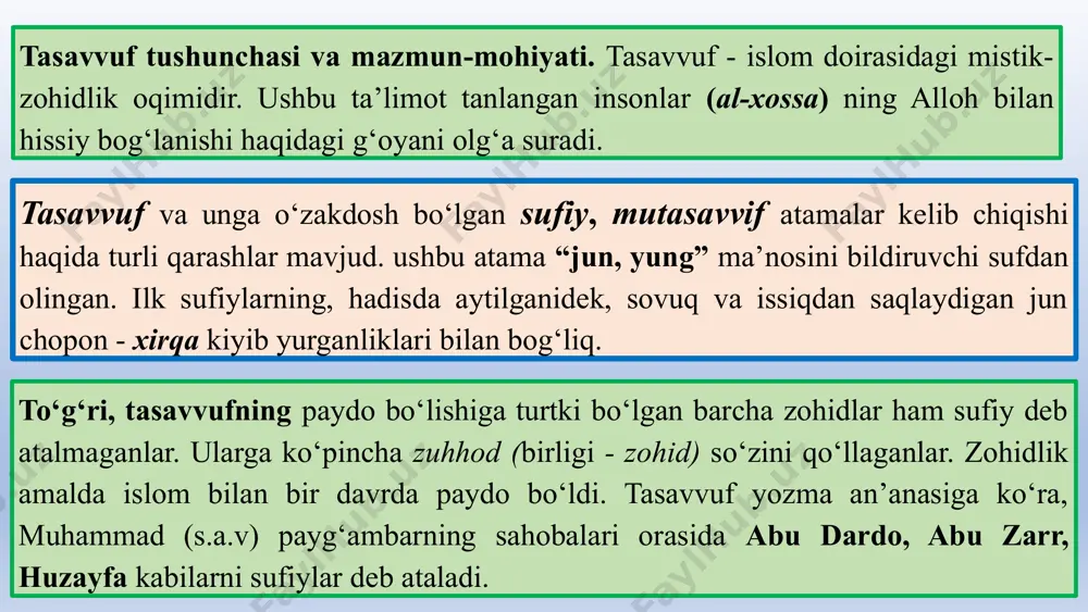 lim va ilohiy haqiqatlarni anglash jarayoni. zuhd – dunyoviy narsalarga bog‘lanmaslik, tarkidunyochilik. tavakkul – allohga to‘liq suyanish va undan boshqa hech narsaga bog‘lanmaslik. tafakkur – allohning mo‘jizalarini va yaratgan olamini chuqur o‘ylab, anglash jarayoni. muhabbat – allohga bo‘lgan cheksiz sevgi va unga yetishish istagi. zikr – allohni eslab, uning ismlarini tilga olish yoki qalban uni yodda tutish. muroqaba – allohni qalb bilan doimiy sezish va ruhiy kuzatuv holati. suhba – sufiylarning ustoz yoki boshqa muridlar bilan ilmiy va ruhiy suhbatlari. sama’ – ilohiy qo‘shiqlar, zikr yoki raqs orqali ruhiy holatga kirish amaliyoti. tariqat va darajalar bilan bog‘liq istilohlar murshid – sufiylik yo‘lini boshqaruvchi ustoz yoki peshvo. murid – murshidga ergashuvchi va tariqatni o‘rganuvchi shaxs. pir – tajribali va yuksak maqomga yetgan sufiy. qur’onda nafs tarbiyasi nafsni poklash nafs tarbiyasi insonning ruhiy poklanishi, yomon odatlardan voz kechishi va allohga yaqinlashishi bilan bog‘liq. qur’onda insonning nafsini qanday tarbiyalashi haqida bir necha oyatlar …