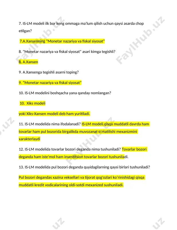 hosi nimaga teng? pulning obligatsiyalarda ifodalangan nisbiy bahosi obligatsiyalar bo'yicha foiz stavkasidir 15. qaysi model muvozanatli foiz stavkasi r bilan daromad darajasi y ning muvozanatli darajasini belgilaydi? is-lm 16. is-lm modeliga xos xususiyatni toping? is-lm (investitsiya jamg'armalar, likvidlilikning afzalligi pul) modeli foiz stavkasi r bilan daromadlar y ning bir vaqtning o'zida har ikkala bozorda muvozanatni ta'minlaydigan kombinatsiyalarini topish imkonini berad 17. is-lm modelining nechta asosiy tenglamasi mavjud? 5 18. qaysi modeldan foydalansak ham tovar ham pul bozorida muvozanatni ta'minlaydigan foiz stavkasi va daromadlar darajasining kombinatsiyalarini topishimiz mumkin bo'ladi? is-lm 19. is-lm modelining egzogen o'zgaruvchisini toping? g 20. is-lm modelining egzogen o'zgaruvchisini toping? ms 21. is-lm modelining egzogen o'zgaruvchisini toping? chegaraviy soliq stavkasi t 22. is-lm modelining endogen o'zgaruvchisini toping? y 23. is-lm modelining endogen o'zgaruvchisini toping?c 24. is-lm modelining endogen o'zgaruvchisini toping?i 25. is-lm modelining endogen o'zgaruvchisini toping? xn 26. is-lm modelining endogen o'zgaruvchisini toping? r 27. is-lm modelining empirik …