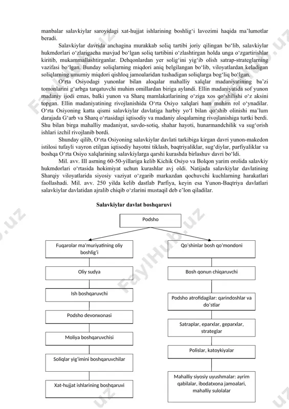 avv. 280-261-yillar) mustaqil hukmronligi davrida salavkiylar davlati siyosatining asosiy yo‘nalishlari shakllanadi. salavkiylar uchta mintaqada - janubiy suriya, kichik osiyo va sharqda faol tashqi siyosat olib borishga majbur bo‘lgan edilar. janubiy suriya va kichik osiyo uchun ptolemeylar (ptolomey lag asos solgan misr va o‘rta yer dengizining sharqidagi davlat sulolasi) bilan tinimsiz urushlar bo‘lib turgan. chunki bu hududlarda muhim savdo yo‘llari tugab, gullab-yashnagan port-shaharlar mavjud edi. kichik osiyoning yunon shaharlari ham muhim ahamiyatga ega edi. sharqiy viloyatlarda, xususan, o‘rta osiyodagi ahvol birmuncha murakkabroq vaziyatda bo‘lib, bu hudud boshqaruv markazlaridan ancha uzoqda joylashgan edi. ikkinchidan, salavkiylar davlatining chegaralarida joylashgan ko‘chmanchilarning doimiy xavfi mavjud edi. mil.avv. iii asrdan boshlab ko‘chmanchilarning ko‘chishlari boshlanishi natijasida chegaralardagi bu xavf yanada kuchayadi. salavkiylar davlatida ichki siyosiy boshqaruv masalalari ham ancha murakkab edi. katta hududlarni qamrab olgan bu davlatda ijtimoiy-iqtisodiy rivojlanish darajasi va jamiyat siyosiy tashkiloti turlicha bo‘lgan. ko‘plab viloyatlarni yagona davlatga birlashtirish ancha murakkab vazifa edi. salavkiylar davlatning …