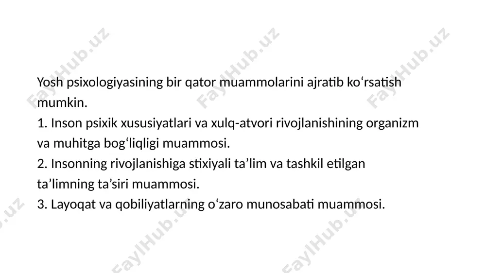 arni o‘zlashtirishning yosh imkoniyatlarini tadqiq qilish; 2) shaxs rivojlanishining muhim omillarini o‘rganish; 3) psixik taraqqiyotning umumiy qonuniyatlarini hamda bosqichlarini tadqiq etish; 4) har bir yoshning psixologik va individual xususiyatlarini o‘rganish. yosh psixologiyasining nazariy vazifalari: — insonning butun hayot yo‘li davomida psixik taraqqiyoti manbalari, mexanizmlari va harakatga keltiruvchi kuchlarini o‘rganish; — ontogenezda psixik rivojlanishni davrlashtirish; — psixik jarayonlar kechishining yosh xususiyatlarini va qonuniyatlarini o‘rganish; — turli yosh davrlarida bilimlarni o‘zlashtirish, turli faoliyatlarni amalga oshirish qonuniyatlari, xususiyatlari va imkoniyatlarini aniqlash; — turli yosh bosqichlarida shaxs rivojlanishini tadqiq qilish. yosh psixologiyasining amaliy vazifalari: — psixik funksiyalarning yosh normalarini aniqlash, insonning ijodiy potensialini va psixologik zaxiralarini ishga tushirish; — bolalarning ruhiy salomatligini va psixik taraqqiyotning kechishini tizimli nazorat qilish xizmatini tashkil etish, ota-onalarga muammoli vaziyatlarda yordam ko‘rsatish; — yosh va klinik diagnostika; — inson hayotining inqirozli davrlarida yordam ko‘rsatish, psixologik qo‘llab-quvvatlash funksiyasini bajarish; — uzluksiz ta’lim tizimda o‘quv jarayonini optimal tashkil etish. rivojlanish jarayonining …
