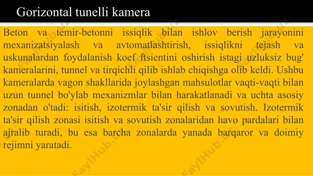 qoladi va tushiruvchi stol ularni bir pog‘ona pastga tushiradi. shu payt ilgichlar yopiladi. eng pastki qolipdan boshqa barcha qoliplar ilinib qoladi. tushirish stolidagi qolip chiqarish tuynigidan tashqariga chiqariladi. barcha jarayon ya’ni ko‘tarish, siljitish va tushirish sinxron ravishda ma’lum ritmda amalga oshadi.bug‘ kameraga shaxta yuqorisida joylashgan truba orqali yuboriladi. shaxtada bug‘ erkin harakatlanadi. pastga tushayotib sovib boradi. shaxta yuqorisida tuyingan bug‘ harorat 95...100°c gacha borsa, shaxta pastida bug‘-havo aralashmasi harorati 20...30 °c ni tashkil etadi. vertikal kamera vertikal bug‘lash kamerasi: 1-kamera devorlari; 2 - qoliplangan buyumlar; 3 uzatuvchi aravacha; 4 -tushirish stoli; 5-ko‘tarish stoli; 6-kameraga kirish tuynigi; 7-truba halqa; 8 - aylanma bug’ uzatuvchi xulosa bu mavzudan shuni xulosa qilib olish mumkinki tunelli gorizontall va vertikal kameralar qurilish uchun eng kerakli issiqlik texnikalaridan biri hisoblanadi. foydalanilgan adabiyotlar ro’yxati https://studfile.net/preview/3731790/page:2/ “issiqlik texnikasi va issiqlik texnikasi uskunalari” o’quv qo’llanma 2013-yil. muallif: mahmudova n.a. e’tiboringiz uchun rahmat. image1.png image2.png