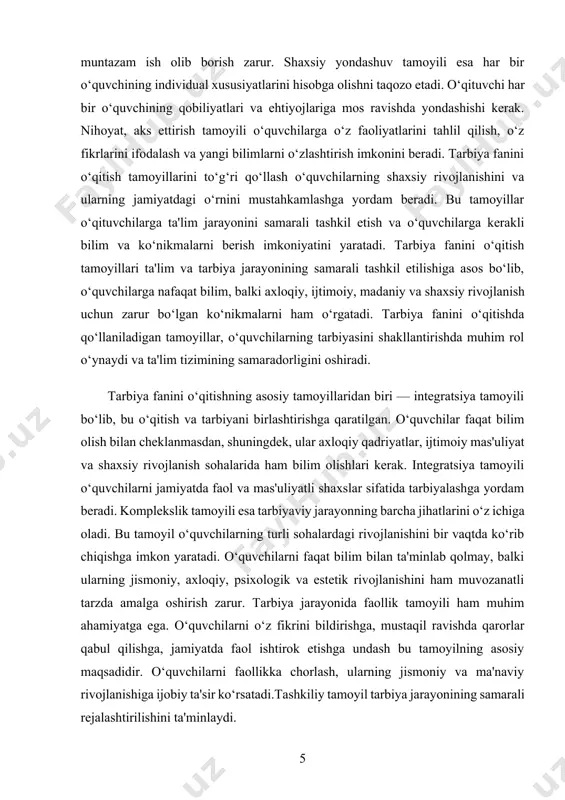 loqiy qadriyatlar, ijtimoiy mas'uliyatni ham o‘rgatishni nazarda tutadi. tarbiya jarayonida insonning axloqiy va ma'naviy rivojlanishiga e'tibor qaratish, ularning jamiyatdagi o‘rni va vazifalarini anglashlari muhimdir. falsafiy yondashuvlar nafaqat bilish va o‘rganish, balki har bir o‘quvchining dunyoqarashini rivojlantirishni ta'minlashga qaratilgan. pedagogik asoslar esa, ta'lim va tarbiya jarayonini samarali tashkil etish uchun zarur metodik va psixologik yondashuvlarni belgilaydi. pedagogik tamoyillar shaxsga yo‘naltirilgan bo‘lishi kerak, ya'ni har bir o‘quvchining individual xususiyatlari, qobiliyatlari va ehtiyojlarini hisobga olgan holda ta'lim berish zarur. o‘quvchilarni faqat bilim olishga emas, balki jamiyatda faol, mas'uliyatli va axloqan to‘g‘ri shaxslar bo‘lib rivojlanishiga ham e'tibor qaratish lozim. bu tamoyil orqali o‘quvchilarga mustaqil fikr yuritish, o‘z qarorlarini qabul qilish va shaxsiy mas'uliyatni his qilishda yordam berish mumkin. tarbiya va ta'lim jarayonida tizimli yondashuv ham muhim ahamiyatga ega. o‘quvchilarni o‘qitishda va tarbiyalashda bir qator tamoyillarni bir vaqtda qo‘llash zarur, chunki bu jarayon uzluksiz va muvozanatli rivojlanish uchun muhimdir. tarbiya jarayonida o‘quvchilarni ijtimoiy faollikka yo‘naltirish, …