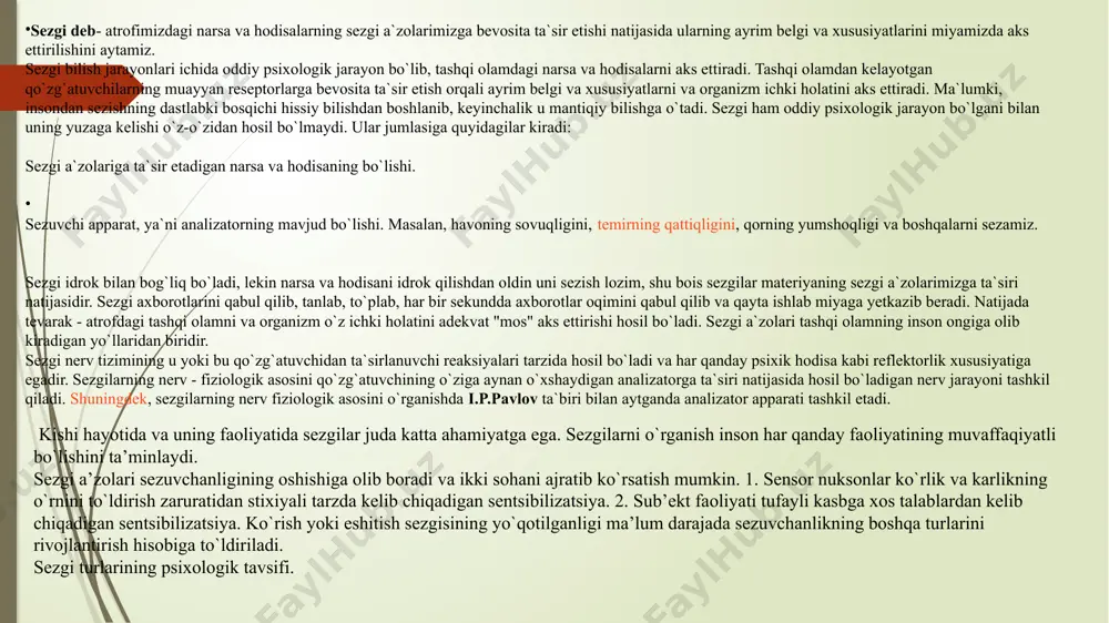iri bilan aytganda analizator apparati tashkil etadi. kishi hayotida va uning faoliyatida sezgilar juda katta ahamiyatga ega. sezgilarni o`rganish inson har qanday faoliyatining muvaffaqiyatli bo`lishini ta’minlaydi. sezgi a’zolari sezuvchanligining oshishiga olib boradi va ikki sohani ajratib ko`rsatish mumkin. 1. sensor nuksonlar ko`rlik va karlikning o`rnini to`ldirish zaruratidan stixiyali tarzda kelib chiqadigan sentsibilizatsiya. 2. sub’ekt faoliyati tufayli kasbga xos talablardan kelib chiqadigan sentsibilizatsiya. ko`rish yoki eshitish sezgisining yo`qotilganligi ma’lum darajada sezuvchanlikning boshqa turlarini rivojlantirish hisobiga to`ldiriladi. sezgi turlarining psixologik tavsifi. idrok — tirik organizmning maʼlumotlarni qabul qilib, qayta ishlash jarayoni; organizmga obyektiv reallikni aks ettirish va tashqi olamdagi yangidan-yangi vaziyatlarni baholab, shunga yarasha harakat qilish imkonini beradi. idrok ongning , miyaning ijodiy jarayonidir. idrokning fiziologik asosi bosh miya yarim sharlari poʻstlogʻining analiz va sintez faoliyatidan iborat. bu faoliyat sezgi aʼzolarimizga taʼsir qilib turgan narsalarning bitta xususiyati bilan emas, balki jami xususiyatlarining taʼsiri bilan bogʻliq. idrok ana shu barcha xususiyatlar oʻrtasidagi muvaqqat …