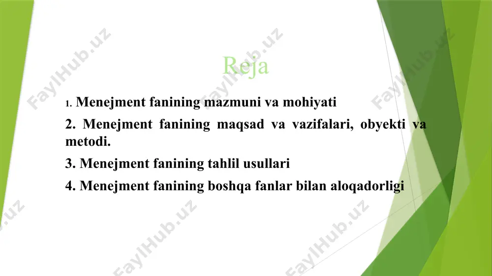 sh qobiliyatiga ega. menejment - bu shunday faoliyatki, unda inson harakatlarini tayyorlash, tashkil qilish va to‘g‘ri yo‘lga solish haqidagi san’at mujassamdir. menejment maqsadi va vazifalari foyda olishni bilish samarali faoliyat olib borish resurslarni boshqarish odamlarni boshqarish бошқарув (менежмент)нинг моҳияти ва тизими умумий кўринишда бошқарув иккита объектнинг мақсадига қаратилган ўзаро ҳамкорлигидан иборат бўлиб, бунда улардан бири бошқарув субъекти ўрнида, бошқаси эса бошқарув объекти ўрнида бўлади. бу ўзаро ҳамкорлик учун қуйидагилар хосдир: · бошқарув субъекти бошқарув объектига таъсир кўрсатиш (бошқарув буйруқлари)ни жўнатади, улар бошқарув объекти қандай фаолият юритиши ҳақидаги ахборотга эга бўлдилар; · бошқарув объекти ушбу (буйруқлар)ни олади ва уларга мувофиқ ҳаракат қилади menejment faning predmeti * boshqarish nazariyasi va amaliyoti; * boshqarish obyekti va subyekti; * boshqarish tamoyillari va usullari; * boshqarish madaniyati; * menejer va uning fazilatlari; * menejer reytingi; * boshqarishda qaror qabul qilish; * boshqarish funksiyalari; * xodimlarni boshqarish; * ishlab chiqarishni boshqarish, * samaradorlikni boshqarish; * o‘z-o‘zini …