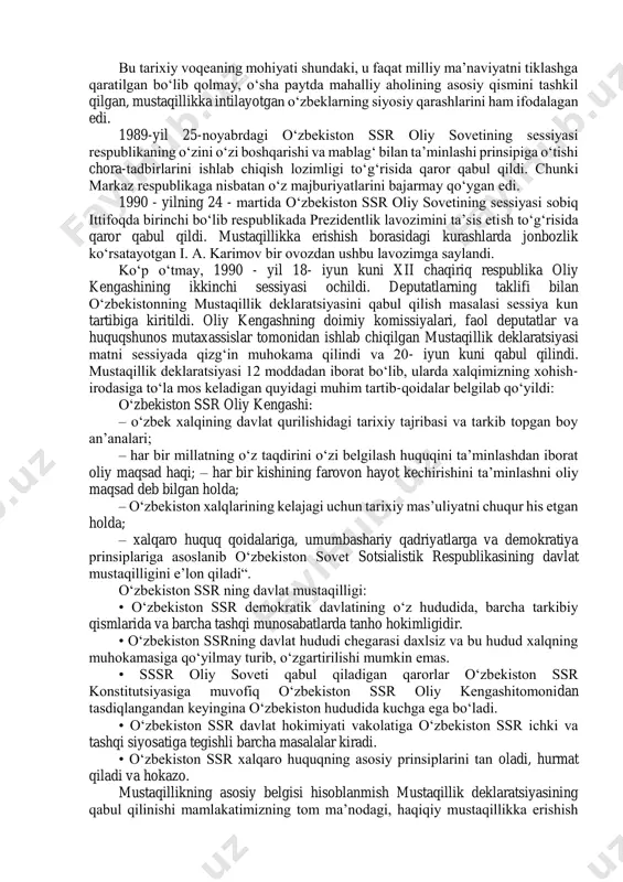 xo‘jalik xodimlari respublikaning turli rahbarlik lavozimlarini egalladilar. o‘zbekiston kompartiyasining xvi plenumidan (1984-y.) keyin o‘tgan atigi 1,5 yil mobaynida viloyatlar partiya qo‘mitalarining 65 nafar kotibidan 40 nafari almashtirildi, ulardan 9 nafari birinchi kotib, 260 nafari shahar va tuman kotiblari etib tayinlandilar1. bu almashtirishlar boshqa sobiq sovet va xo‘jalik organlarini ham chetlab o‘tmadi. natijada rahbar xodimlarning aksariyatida kelajakka ishonchsizlik, umidsizlik, vazifalariga nisbatan mas’uliyatsizlik tuyg‘usining kuchayishi sezilgan bo‘lsa, boshqa bir qismida mavjud vaziyatdan foydalanib, shaxsiy manfaatlarini qondirish uchun egallab turgan mansabini suiiste’mol qilish hollari kuzatildi. bunday sharoitning vujudga kelganligi esa, o‘z navbatida, boshqarish tizimini ham izdan chiqardi. iqtisodiy muammolarning hal qilinmaganligi, turmush darajasining pasayishi, millatlararo munosabatlarning keskinlashuvi, boshqaruvning izdan chiqishi, qonuniylikning buzilishi va boshqalar jamiyat turli tabaqalarining o‘z manfaatlarini himoya qilish maqsadida norasmiy, mavjud qonunlarda ko‘rsatilmagan yoki man qilingan jamoalar va harakatlarga birlashishga majbur qildi. boshqacha aytganda, ijtimoiy hayotning siyosiylashuviga olib keldi. bu jarayon, ayniqsa, 1998-yildan boshlab avj oldi. o‘zbekistonda dastlab «birlik», keyinchalik …