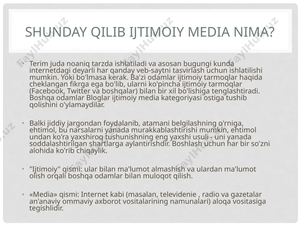 g ma'nosini bir xil ma'noga ega degan ma'noni anglatadi. farqi nozik bo'lsa-da, ular bir xil emas. ijtimoiy tarmoqlar, albatta, ijtimoiy axborot vositalarining kichik toifasi. ijtimoiy axborot vositalari va ijtimoiy tarmoq o'rtasidagi farqni tushunishning eng oson yo'li "media" va "tarmoqlarni" alohida-alohida tushunishdir. matbuot siz haqiqatda baham ko'rayotgan ma'lumotlarga ishora qiladi: bu maqola, video, jonlantirilgan gif , pdf hujjati, oddiy holatni yangilash yoki boshqa narsalar bilan bog'lanishmi. boshqa tomondan, tarmoq yaratish, tomoshabinlar kim va ular bilan bo'lgan munosabatlarga bog'liq. sizning tarmog'ingiz do'stlar, qarindoshlar, hamkasblaringiz, o'tmishingiz, hozirgi mijozlaringiz, maslahatchilaringiz va hatto butunlay begonalar kabi kishilarni o'z ichiga olishi mumkin. an'anaviy media ham ijtimoiy media bormi? ushbu maqolada an'anaviy ommaviy axborot vositalarida faqat ommaviy axborot vositalarining kengroq misollarini namoyish etish xususida eslatib o'tilgan, ammo televidenie, radio va gazetalar ijtimoiy axborot vositalarining bir qismi ekanligi haqida aldashmaydi. hech bo'lmasa butunlay emas. ikkalasi orasidagi chiziq sekin asta sekin tushadi, chunki ularning har biri rivojlanib bormoqda. ijtimoiy …