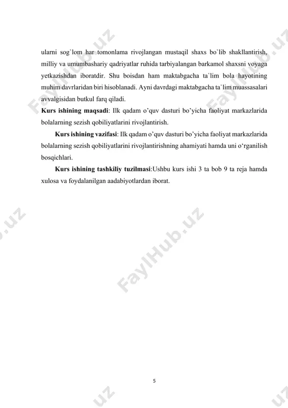 pedagoglari tomonidan ota-onalarni jalb etgan holda tuziladigan va amaldagi qonunchilik tartibida tasdiqlanadigan qilib belgilandi. maktabgacha ta’lim tashkilotlarida bolalar “ilk qadam” davlat o‘quv dasturi asosida 5 ta markazda faoliyat yuritadilar. bular quyidagilardir: 1. til va nutq markazi. (nutq o‘stirish, tabiat, atrof-olam va badiiy adabiyot bilan bog‘liq mashg’ulotlar) 2. qurish-yasash, konstruksiyalash va matematika markazi. (qurish yasash va matematika mashg‘ulotlari) 3. san’at markazi (rasm, applikatsiya, loy qurish, yasash mashg‘ulotlari va origami) 4. syujetli-rolli o‘yinlar va dramalashtirilgan markaz. (guruh yoshiga mos bo‘lgan syujetli qoidali o‘yinlar) 5. ilm-fan va tabiat markazi. (tabiat, atrofi olam bilan tanishtirish mashg‘ulotlari) markazlardagi faoliyatlar tahliliga to‘xtaladigan bo‘lsak, til va nutq markazida bolalarning do‘stlari orasida o‘z fikrlarini bera olishlari, mavzu asosida hikoyalar tuzish, savol-javoblar qilish, bolalarga suhbatlar tashkil etish imkoniyati mavjud bo‘ladi. bola markazda o‘zi xohlagan mavzusida hikoyalar tuzishi ham mumkin. qurish-yasash, konstruksiyalash va matematika markazida bolalarda sensor tarbiya, ijodkorlik rivojlanadi. bola bir vazifani bajarishi orqali ham qurish –yasash ham matematika …