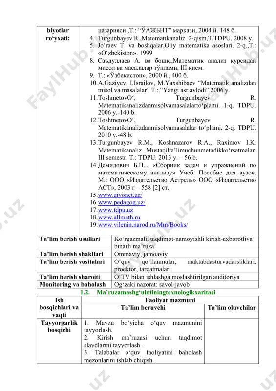9. t.: «ўзбекистoн», 2000 й., 400 б. 10. a.gaziyev, i.israilov, m.yaxshibaev “matematik analizdan misol va masalalar” t.: “yangi asr avlodi” 2006 y. 11. toshmetovoʻ, turgunbayev r. matematikanalizdanmisolvamasalalartoʻplami. 1-q. tdpu. 2006 y.-140 b. 12. toshmetovoʻ, turgunbayev r. matematikanalizdanmisolvamasalalar toʻplami, 2-q. tdpu. 2010 y.-48 b. 13. turgunbayev r.m., koshnazarov r.a., raximov i.k. matematikanaliz. mustaqilta’limuchunmetodikkoʻrsatmalar. iii semestr. t.: tdpu. 2013 y. – 56 b. 14. демидович б.п.., «сборник задач и упражнений по математическому анализу» учеб. пособие для вузов. м.: ооо «издательство астрель» ооо «издательство аст», 2003 г – 558 [2] ст. 15. www.ziyonet.uz/ 16. www.pedagog.uz/ 17. www.tdpu.uz 18. www.allmath.ru 19. www.v hyperlink "http://www.vilenin.narod.ru/mm/books/" ilenin.narod.ru/mm/books/ ta’lim berish usullari ko‘rgazmali, taqdimot-namoyishli kirish-axborotliva binarli ma’ruza ta’lim berish shakllari ommaviy, jamoaviy ta’lim berish vositalari o‘quv qo‘llanmalar, maktabdasturvadarsliklari, proektor, tarqatmalar. ta’lim berish sharoiti o‘tv bilan ishlashga moslashtirilgan auditoriya monitoring va baholash og‘zaki nazorat: savol-javob 1.2. ma’ruzamashg‘ulotiningtexnologikxaritasi ish bosqichlari va vaqti faoliyat mazmuni ta’lim beruvchi ta’lim oluvchilar tayyorgarlik bosqichi …