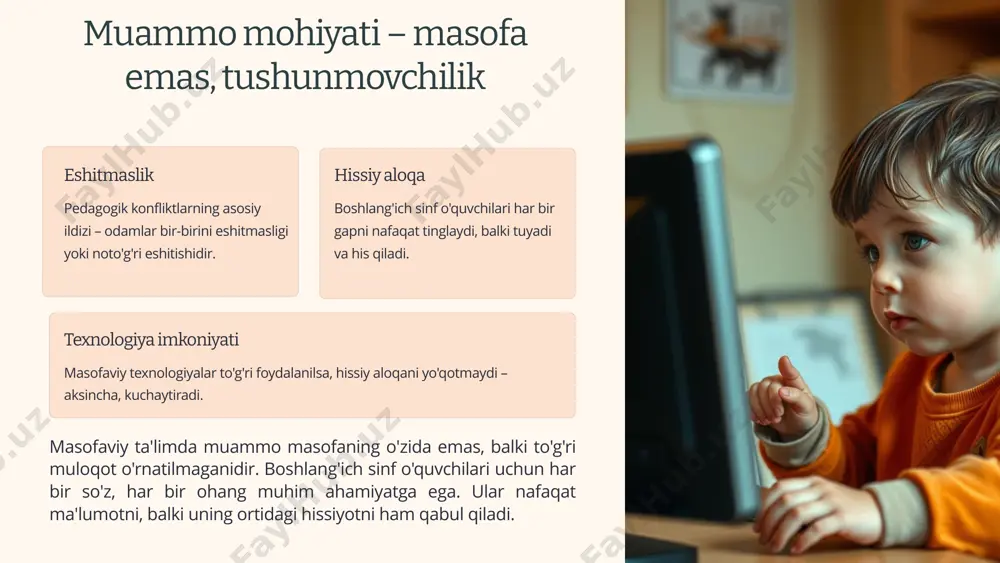 unish va hamkorlik vositasi muloqotning roli. faol tinglash empatiya, konfliktlarni hal qilish uchun asosiy ko'nikmalar. og'zaki bo'lmagan aloqa muloqotda imo-ishoralar va mimikaning ahamiyati. 19 samarali muloqot usullari "men" xabarlari usuli ayblamasdan, his-tuyg'ularni ifodalash. muzokaralar har ikki tomonni qanoatlantiradigan murosaga kelish yo'llarini qidirish. mediatsiya konfliktni hal qilish uchun neytral vositachini jalb qilish. 20 konfliktlarni hal qilish bo'yicha amaliy misollar boshlang'ich maktab amaliyotidan aniq vaziyatlarni tahlil qilish turlicha yondashuvlar. 1 konfliktlarni hal qilish uchun turli muloqot usullaridan foydalanish amaliy mashg'ulotlar. 2 rolli o'yinlar konfliktli vaziyatlarni modellashtirish. 3 21 kommunikativ yondashuvning afzalliklari sinfda tajovuz va zo'ravonlik darajasini pasaytirish sog'lom muhit yaratish. ta'lim jarayoni ishtirokchilari o'rtasida o'zaro tushunishni yaxshilash o'zaro hurmatni oshirish. o'quvchilarning motivatsiyasini oshirish akademik ko'rsatkichlarini yaxshilash. 22 muloqot orqali konfliktlarning oldini olish o'qituvchilar, o'quvchilar va ota-onalarda kommunikativ ko'nikmalarni rivojlantirish aloqa muhitini yaxshilash. sinfda va maktabda ishonchli muhit yaratish o'zaro hurmatga asoslangan munosabatlar. konfliktlarni hal qilish bo'yicha treninglar va seminarlar tashkil etish o'qituvchilarni …