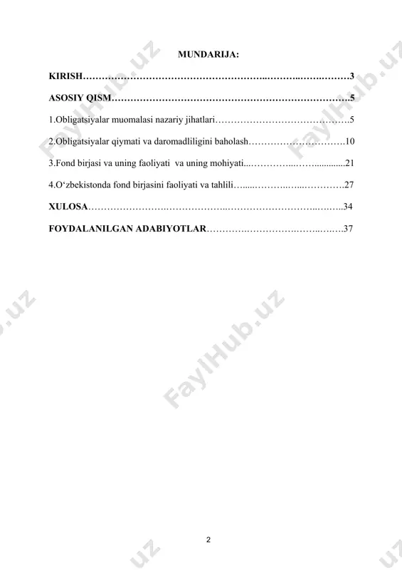 . ... yangi moliyaviy instrumentlarni joriy etish va obligatsiyalar chiqarish orqali bank xizmatlari ko‘lamini yanada kengaytirish, ilg‘or axborot texnologiyalari asosida bank tizimini rivojlantirish zarur” [1], deb ta’kidlaganida mutaxassislar va keng jamoatchilikning e’tiborini aynan mana shu dolzarb masala - milliy fond bozorini yanada rivojlantirishga qaratdi. [0: алехин, б. и. рынок ценных бумаг: учебник и практикум для вузов / б.и. алехин. – 2-е изд., испр. и доп. – м.: издательство юрайт, 2023. – 497 с] yuqoridagi holatlar, fond bozorlari infratuzilmasini zamon talablari asosida rivojlanishi uchun avvalo shu bozorlarga chiqarilayotgan qimmatli qog‘ozlarning yuqori likvidligi, bozorning kapitallashuv darajasi, daromadliligi, kapitalni oshirish kabi xususiyatlarini ta’minlash uchun hizmat qiladi. 1. obligatsiyalar muomalasi nazariy jihatlari qimmatli qog’ozlar bozorining, umuman moliya bozorining muhim instrumentlaridan biri obligatsiyalar hisoblanadi. obligatsiya - uni chiqargan shaxs va egasi o’rtasidagi qarz munosabatni tasdiqlovchi qimmatli qog’ozdir. o’zbekiston respublikasi “qimmatli qog’ozlar bozori to’g’risida”gi qonuniga ko’ra: obligatsiya - obligatsiyani saqlovchining obligatsiyaning nominal qiymatini yoki boshqa mulkiy …