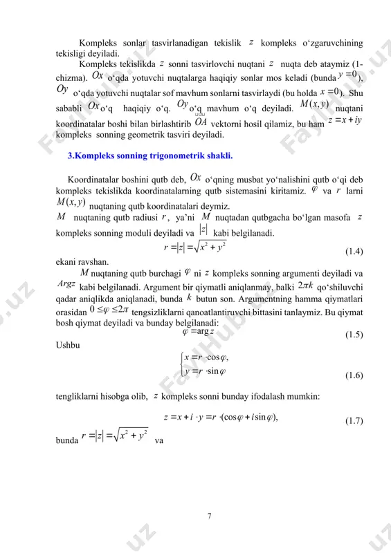 onlarni qo‘shish vektorlarni qo‘shish qoidasi bo‘yicha bajarilishi kelib chiqadi (2-chizma). demak, algebraik shaklda berilgan kompleks sonlarni qo‘shish uchun haqiqiy qismi haqiqiy qismiga, mavhum qismi mavhum qismiga qo‘shilar ekan. y z2 z1 0 x 2-chizma. 5. kompleks sonllarni ayirish. ikkita va kompleks sonning ayirmasi deb, shunday songa aytiladiki, u ga qo‘shilganda yig‘indida kompleks son hosil bo‘ladi (3-chizma). y z1 z1-z2 z2 0 x 3-chizma. demak, algebraik shaklda berilgan kompleks sonlarni ayirish uchun haqiqiy qismi haqiqiy qismidan, mavhum qismi mavhum qismidan ayrilar ekan. shuni ta’kidlab o‘tamizki, ikki kompleks son ayirmasining moduli kompleks tekislikda shu sonlarni ifodalovchi nuqtalar orasidagi masofaga teng: 1-misol. va kompleks sonlarning yig‘indisi va ayirmasini toping. 6. kompleks sonlarni ko‘paytirish. va kompleks sonning ko‘paytmasisi deb, bu sonlarni ikkihad sifatida algebra qoidalari bo‘yicha ko‘paytirish va ekanini hisobga olish natijasida hosil bo‘ladigan kompleks songa aytiladi. va kompleks sonlar trigonometrik shaklda berilgan bo‘lsin: va shu sonlarning ko‘paytmasini hisoblaymiz: . shunday qilib, ya’ni ikkita …