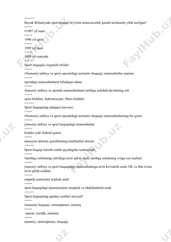 erchandising ==== patent ==== xizmat ==== belqilash +++++ sport agentining boshqa nomi nima? ==== #vakil ==== prezident ==== hal qiluvchi ==== advokat +++++ sport agentining qo'shimcha faoliyati ==== #mijozlarning daromadlari va xarajatlarini moliyaviy boshqarish ==== aholini jismoniy madaniyat darslariga jalb qilish ==== xalqaro musobaqalarni tashkil etish ==== olimpiya o'yinlarini tashkil etish +++++ jismoniy tarbiya va sport xalqaro xartiyasining qaysi moddasida sport sohasi bilan professional shug‘ullanuvchi har qanday shaxs tegishli tayyorgarlik va malakaga ega bo‘lishi kerakligi ko‘rsatilgan? ==== #4 modda ==== 6-modda ==== 7-modda ==== 8-modda +++++ massajchilar va shifokorlar sport qonunchiligining mijozi bo'la oladimi? ==== #mumkin ==== mumkin emas ==== qisman ==== 1/3 qism +++++ sport hakami…. ==== #jismoniy tarbiya tashkilotchisi tomonidan ruxsat etilgan shaxs ==== murabbiylik bilan shug'ullanish uchun litsenziyalangan shaxs ==== shartnoma asosida sportchi nomidan va uning manfaatlarini ko'zlab ish yurituvchi shaxs ==== xoq prezidenti nomidan ish yurituvchi shaxs +++++ aholini jismoniy tarbiyaga jalb etish va aholi o‘rtasida …
