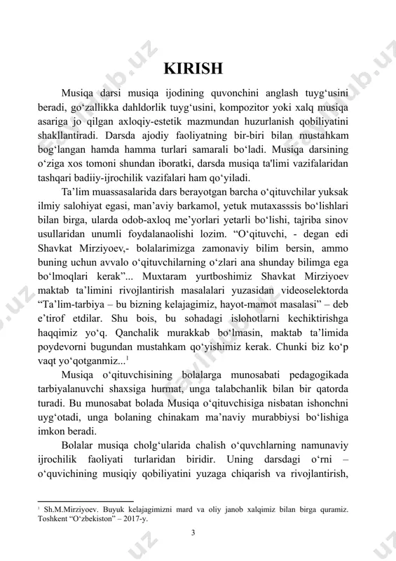 eoselektorda “ta’lim-tarbiya – bu bizning kelajagimiz, hayot-mamot masalasi” – deb e’tirof etdilar. shu bois, bu sohadagi islohotlarni kechiktirishga haqqimiz yo‘q. qanchalik murakkab bo‘lmasin, maktab ta’limida poydevorni bugundan mustahkam qo‘yishimiz kerak. chunki biz ko‘p vaqt yo‘qotganmiz... musiqa o‘qituvchisining bolalarga munosabati pedagogikada tarbiyalanuvchi shaxsiga hurmat, unga talabchanlik bilan bir qatorda turadi. bu munosabat bolada musiqa o‘qituvchisiga nisbatan ishonchni uyg‘otadi, unga bolaning chinakam ma’naviy murabbiysi bo‘lishiga imkon beradi. bolalar musiqa cholg‘ularida chalish o‘quvchlarning namunaviy ijrochilik faoliyati turlaridan biridir. uning darsdagi o‘rni – o‘quvichining musiqiy qobiliyatini yuzaga chiqarish va rivojlantirish, kchik yoshdagi maktab o‘quvchlarining badiiy tajribasini boyitish, ijrochilik faoliyatiga qiziqish uyg‘otishdir. musiqa darsini talab darajasida o‘tish uslublari hamma joyda har xil olib boriladi. avvalambor boshlang‘ich sinflardagi musiqa darsini o‘qitishda alohida e’tiborni sinfdagi o‘quvchilarni saralab mutaxassis o‘qituvchi o‘quvchilarni qobiliyatini o‘rganish bilan boshlasa maqsadga muvofiq bo‘ladi. buning uchun albatta musiqa o‘qituvchisi milliy cholg‘u asboblarimizdan qashqar rubobi, dutor, doira kabi cholg‘u asboblar yordamida qo‘shiqni o‘rgatish bilan boshlaydi. …