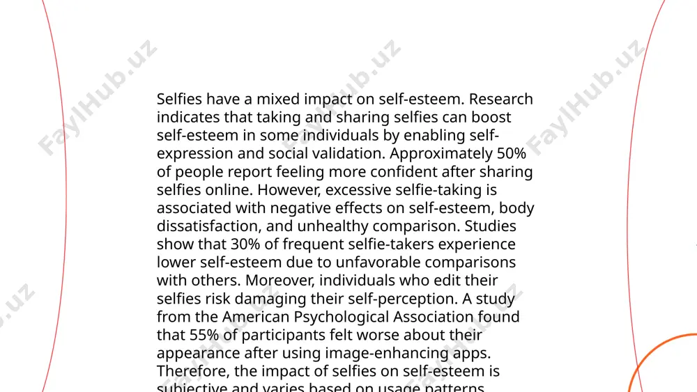 content like selfies vital. brands benefit as 70% of consumers are more likely to make a purchase based on social media referrals, including selfies. snapchat and instagram, platforms conducive to selfie-sharing, report engagement rates exceeding other content types by 150%. companies like dove and samsung have leveraged selfies in campaigns, resulting in a significant increase in brand visibility and consumer interaction, notably achieving up to 30% higher engagement rates than traditional methods. the selfie jasur muxamadjonov thank you for your attention! image1.png image2.png image3.png image4.jfif image5.png image6.jpg image7.jpg /docprops/thumbnail.jpeg