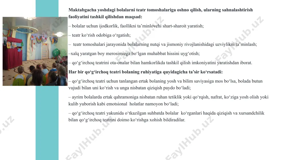 rbiyachi har bir harakatni tushuntirgan holda yasab ko‘rsatishi; – tayyor qo‘g‘irchoqlar namuna sifatida ko‘rsatilishi; – qo‘g‘irchoq milliylikka yo‘g‘rilgan, an’analarni saqlab qolgan, o‘zbekona turmush tarzini o‘zida aks ettirgan bo‘lishi lozim; – qo‘g‘irchoq bolaga jarohat еtkazmaydigan, o‘ynash uchun qulay, uning sog‘lig‘iga zararsiz, bejirim tayyorlanishi kerak; – qo‘g‘irchoq bolaning qiziqishlariga mos kelishi, har xil o‘yinlarda foydalana oladigan, ijodkorlikka undaydigan bo‘lishi lozim; – qo‘g‘irchoqning tashqi ko‘rinishi samimiy, xushchaqchaq bo‘lishi maqsadga muvofiq. – ish jarayonida estetik didga e’tibor qaratish; – bolalarning jismoniy rivojlanganligini e’tiborga olish; – bolada yasagan qo‘g‘irchog‘iga nisbatan muhabbat hissini uyg‘otish, mehnatning natijasidan quvonish, mas’uliyatli bo‘lishga o‘rgatish; – o‘rtoqlari bilan hamkorlik qilish, o‘zaro yordamlashishni qaror toptirish; – yasalayotgan qo‘g‘irchoq bolaning yosh va bilim saviyasiga mos bo‘lishi, uning tashqi qiyofasi tasviridan bola zavqlanishi lozim; – qo‘g‘irchoqqa berilgan ranglarning turli-tumanligi, kiyimining bejirimligi, yasalishining soddaligi bola ruhiyatiga katta ta’sir ko‘rsatadi. maktabgacha yoshdagi bolalar ongiga o‘zbek xalq madaniy merosi – xalq og‘zaki ijodi, hikoya va ertaklardagi bosh …