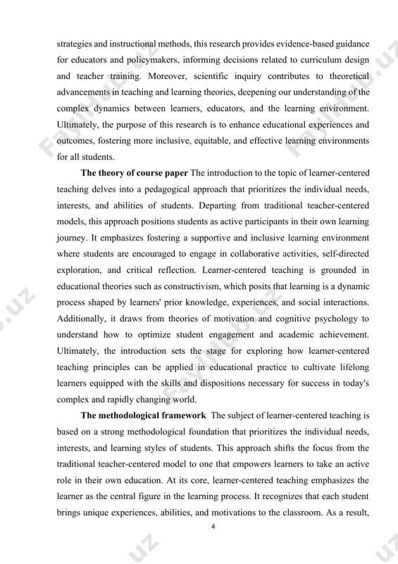prioritizes the individual needs, interests, and abilities of students. departing from traditional teacher-centered models, this approach positions students as active participants in their own learning journey. it emphasizes fostering a supportive and inclusive learning environment where students are encouraged to engage in collaborative activities, self-directed exploration, and critical reflection. learner-centered teaching is grounded in educational theories such as constructivism, which posits that learning is a dynamic process shaped by learners' prior knowledge, experiences, and social interactions. additionally, it draws from theories of motivation and cognitive psychology to understand how to optimize student engagement and academic achievement. ultimately, the introduction sets the stage for exploring how learner-centered teaching principles can be applied in educational practice to cultivate lifelong learners equipped with the skills and dispositions necessary for success in today's complex and rapidly changing world. the methodological framework the subject of learner-centered teaching is based on a strong methodological foundation that …