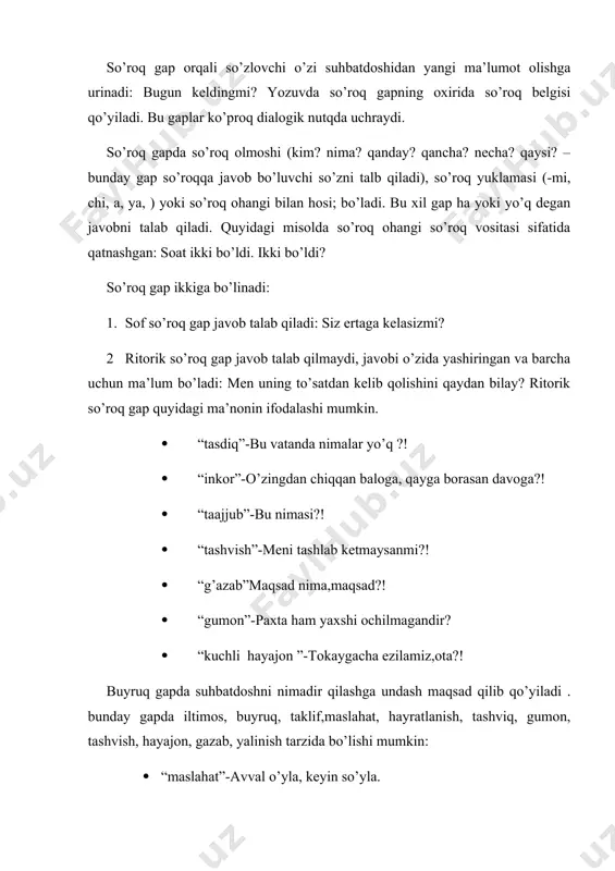 ashiga ko’ra turi. gap ohangiga, his-tuyg’ni ifodalashiga ko’ra ikkiga bo’linadi: 1. his-hayajonli gap 2. his-hayajonsiz gap his-hayajonli gap eh,oh, uh, o, uf, obbo kabi undov; qanday,qancha, naqadar, shunday kabi so’z yoki faqat his-hayajon ohangi bilan hosil bo’ladi: eh bahorning gashtiga nima yetsin! paxta terimi boshlandi! darak,so’roq, buyruq gaplar his-hayajon bilan aytilib his-hayajonli gapga aylanadi. his-hayajon gap so’roq gap bo’lsa,tinish belgisi qo’yidagicha qo’yiladi: 1. so’roq mazmunidan ko’ra his-hayajon kuchli bo’lsa,oldin undov,keyin so’roq belgisi qo’yiladi:farzand qanday oqlar ona haqqini!? 2. so’roq mazmuni kuchli bo’lsa,oldin so’roq, keyin undov belgisi qo’yiladi:nega ertaroq kelmading,og’lim?! 3. ayrim holda his-hayajonning o’ta kuchliligini ifodalash uchun uchta undov belgisi ketma-ket qo’yiladi: o’lim yovga!!! biror sabab bilan uzilib qolgan his-hayajon gapning oxirida undov belgisi va undan keyin ketma-ket ikkita nuqta qo’yiladi: men yetim o’sganman, oh, u yetimlik!.. gapning grammatik asos miqdori (tuzilishiga ko’ra turi). ega va kesim birgalikda, bir bosh bo’lakli gapda kesimning o’zi gapning grammatik asosini tashkil etadi. gap …