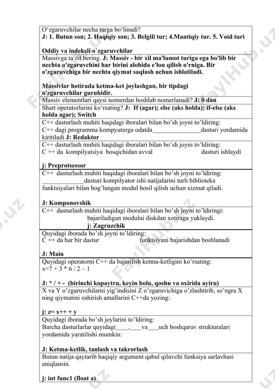 ladi. maxsus qavslar ichiga yoziladigan dastur proseduralari to`g`risida qo`shimsha axborot berubshi yozuvlar o‘zgaruvchilar necha turga bo‘linadi? j: 1. butun son; 2. haqiqiy son; 3. belgili tur; 4.mantiqiy tur. 5. void turi oddiy va indeksli o`zgaruvchilar massivga ta’rif bering. j: massiv - bir xil ma'lumot turiga ega bo'lib bir nechta o'zgaruvchini har birini alohida e'lon qilish o'rniga. bir o'zgaruvchiga bir nechta qiymat saqlash uchun ishlatiladi. massivlar hotirada ketma-ket joylashgan, bir tipdagi o'zgaruvchilar guruhidir. massiv elementlari qaysi nomerdan boshlab nomerlanadi? j: 0 dan shart operatorlarini ko‘rsating? j: if (agar); else (aks holda); if-else (aks holda agar); switch c++ dasturlash muhiti haqidagi iboralari bilan bo’sh joyni to’ldiring: c++ dagi programma kompyuterga odatda dasturi yordamida kiritiladi j: redaktor c++ dasturlash muhiti haqidagi iboralari bilan bo’sh joyni to’ldiring: c ++ da kompilyatsiya bosqichidan avval dasturi ishlaydi j: preprotsessor c++ dasturlash muhiti haqidagi iboralari bilan bo’sh joyni to’ldiring: dasturi kompilyator ishi natijalarini turli biblioteka funktsiyalari bilan …
