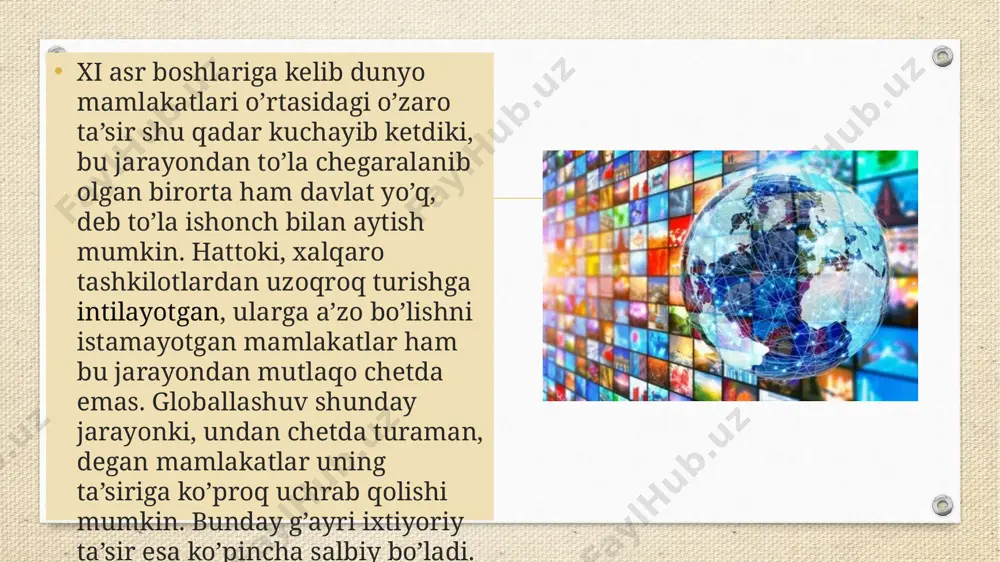 r-to’ntar qilib tashlashi, o’zimni esa yiqitib yuborishini ham istamayman» globallashuvning o’zi murakkab jarayon ekani, uning turli mamlakatlar iqtisodi, siyosati va ma’naviyatiga o’tkazayotgan ta’siri yana ham murakkab bo’lgani sababli unga nisbatan ham jahonga bir-biriga nisbatan qarama-qarshi bo’lgan ikki guruh: globalistlar va aksilglobalistlar guruhlari vujudga keldi. globallashuv tarafdorlari globalistlar, deb ataladi. ular orasida davlat arboblari, siyosatdonlar, sanoatchi va biznesmenlar ko’proq uchraydi. globallashuv muxoliflari esa aksilglobalistlar nomini olgan bo’lib ular orasida ko’proq so’l kuchlar, kasaba uyushmalari va yoshlar tashkilotining vakillari bor. mdh hududida aksilglobalistlar rossiya federatsiyasi hududida faol harakat olib bormoqdalar. bu erda ular turli anjumanlar, seminarlar o’tkazish uchun to’planib turdilar. xx asr o’rtalarida globallashuvning institutsionallashuvi, ya’ni tashkillashuvi kuchaygandan keyin bu jarayonning o’zi ham keskin tezlashdi va kuchaydi. institutsionallashuvning kuchayganini butunjahon savdo tashkiloti, xalqaro valyuta jamg’armasi, jahon banki, evropa taraqqiyoti va tiklanish banki ulkan tashkilotlarning vujudga kelgani misolida ham ko’rish mumkin. ma’naviyatni ham bir uyga qiyoslasak, tashqaridan kirayotgan shamol uy ichidagi narsalarni ostin-ustin …